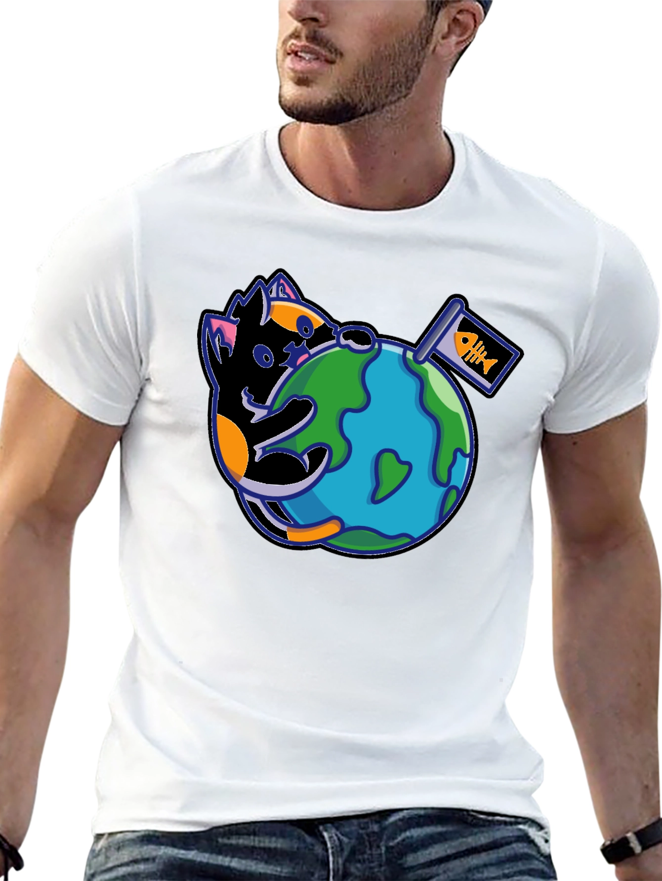 Cat Around the World Graphic T-Shirt - Black