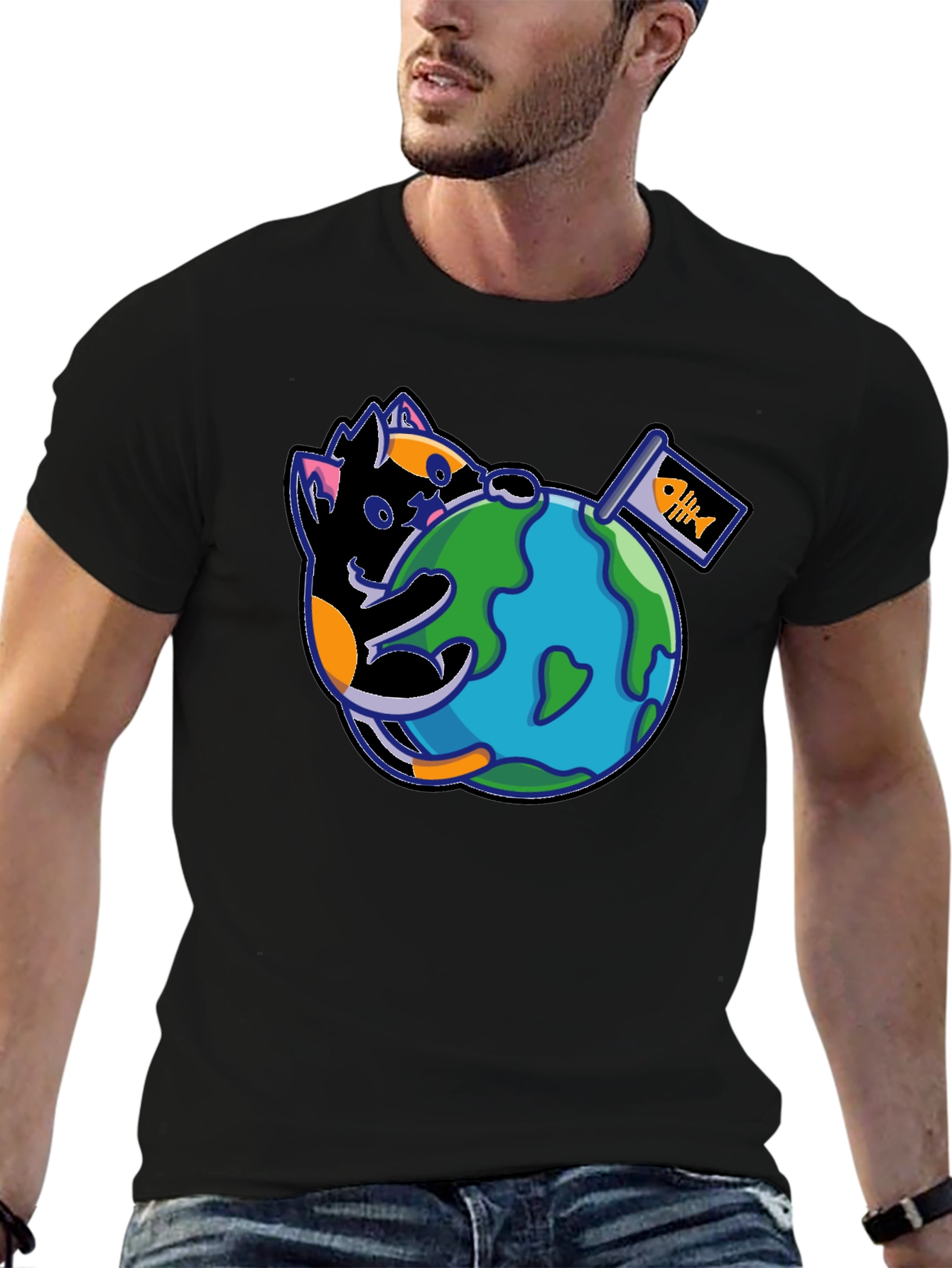 Cat Around the World Graphic T-Shirt - Black
