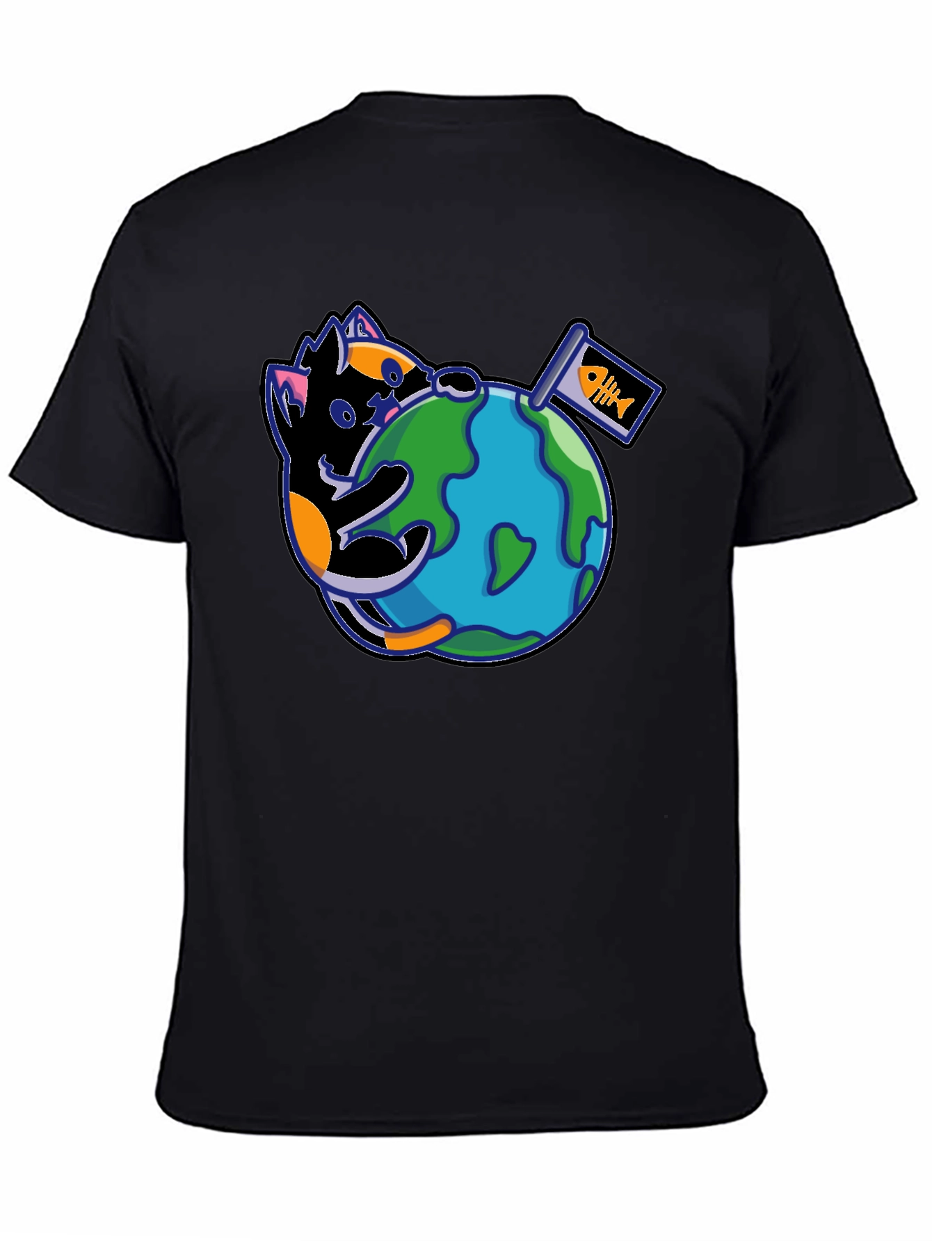 Cat Around the World Graphic T-Shirt - Black