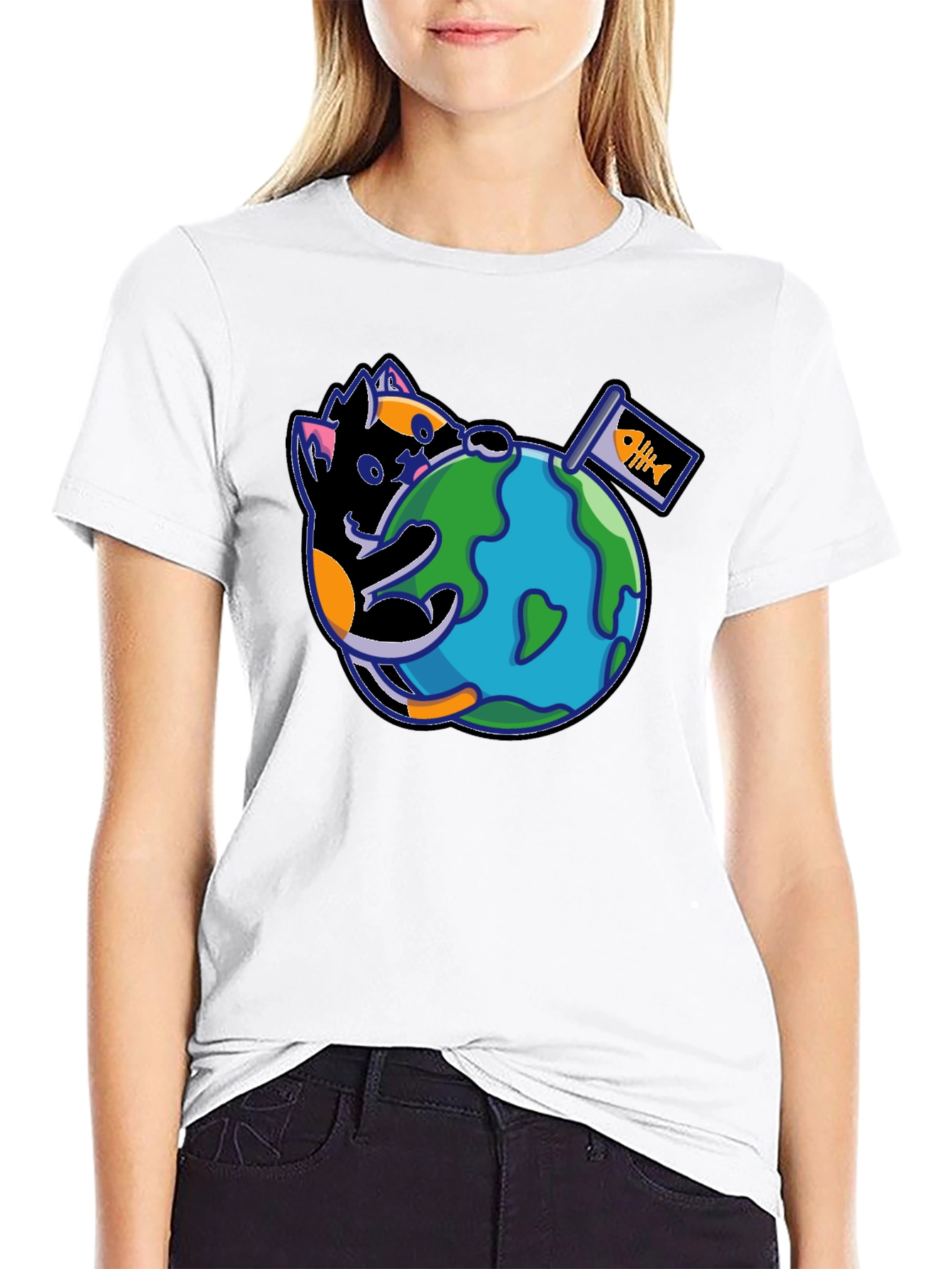Cat Around the World Graphic T-Shirt - Black