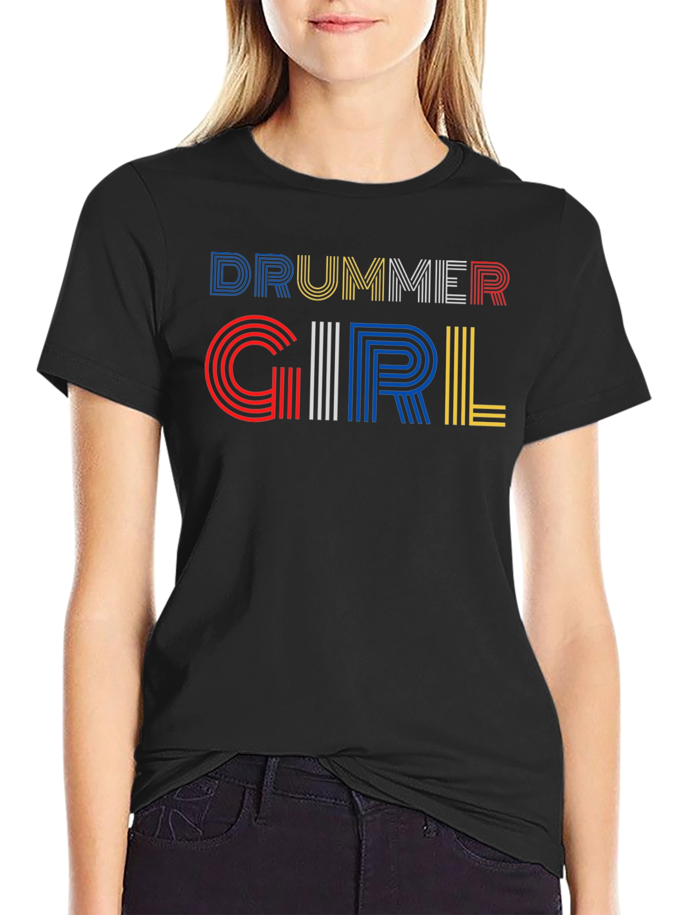 Drummer Girl Graphic Tee - Black Cotton T-Shirt