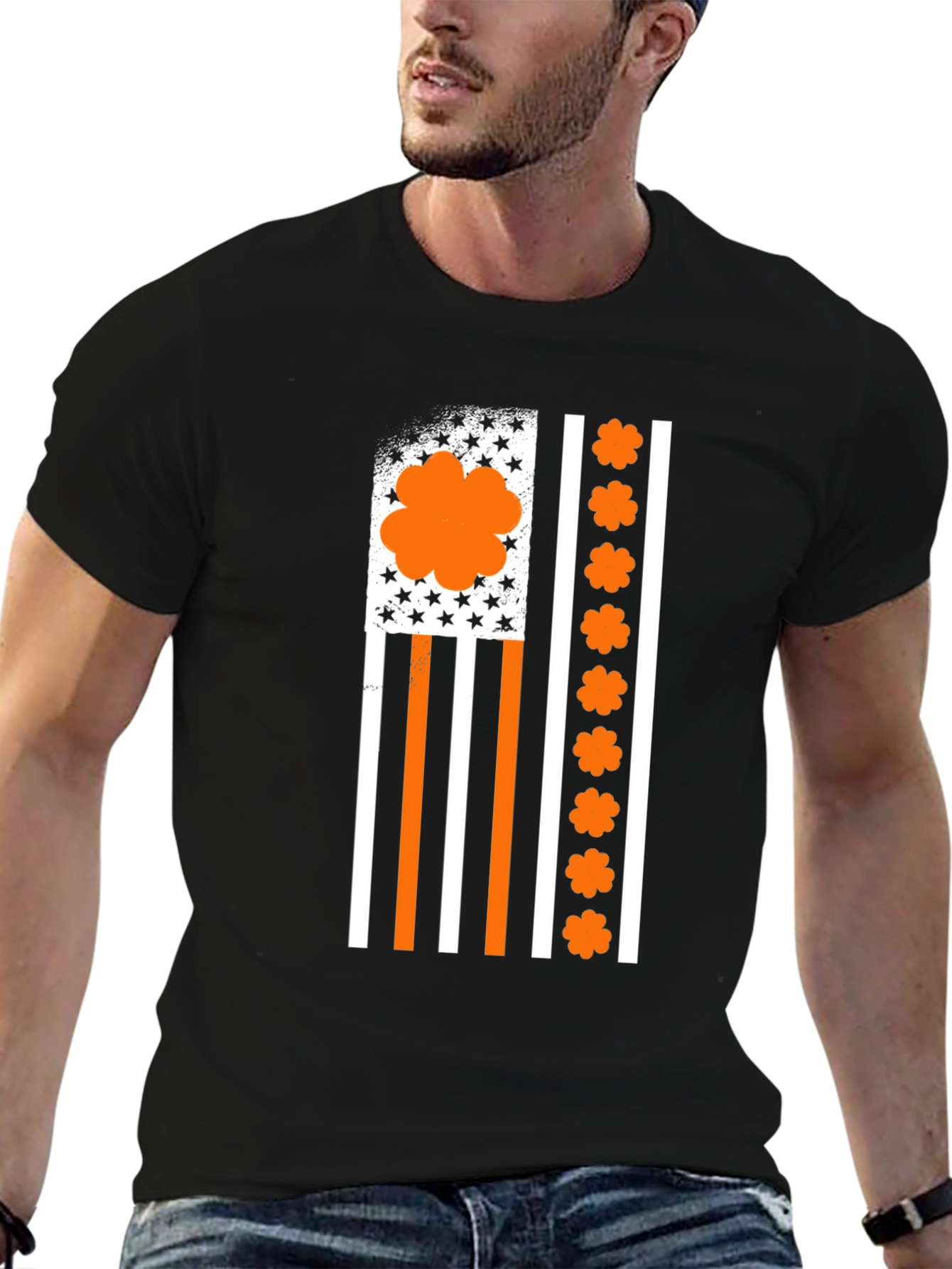 Orange Shamrock American Flag Graphic T-Shirt