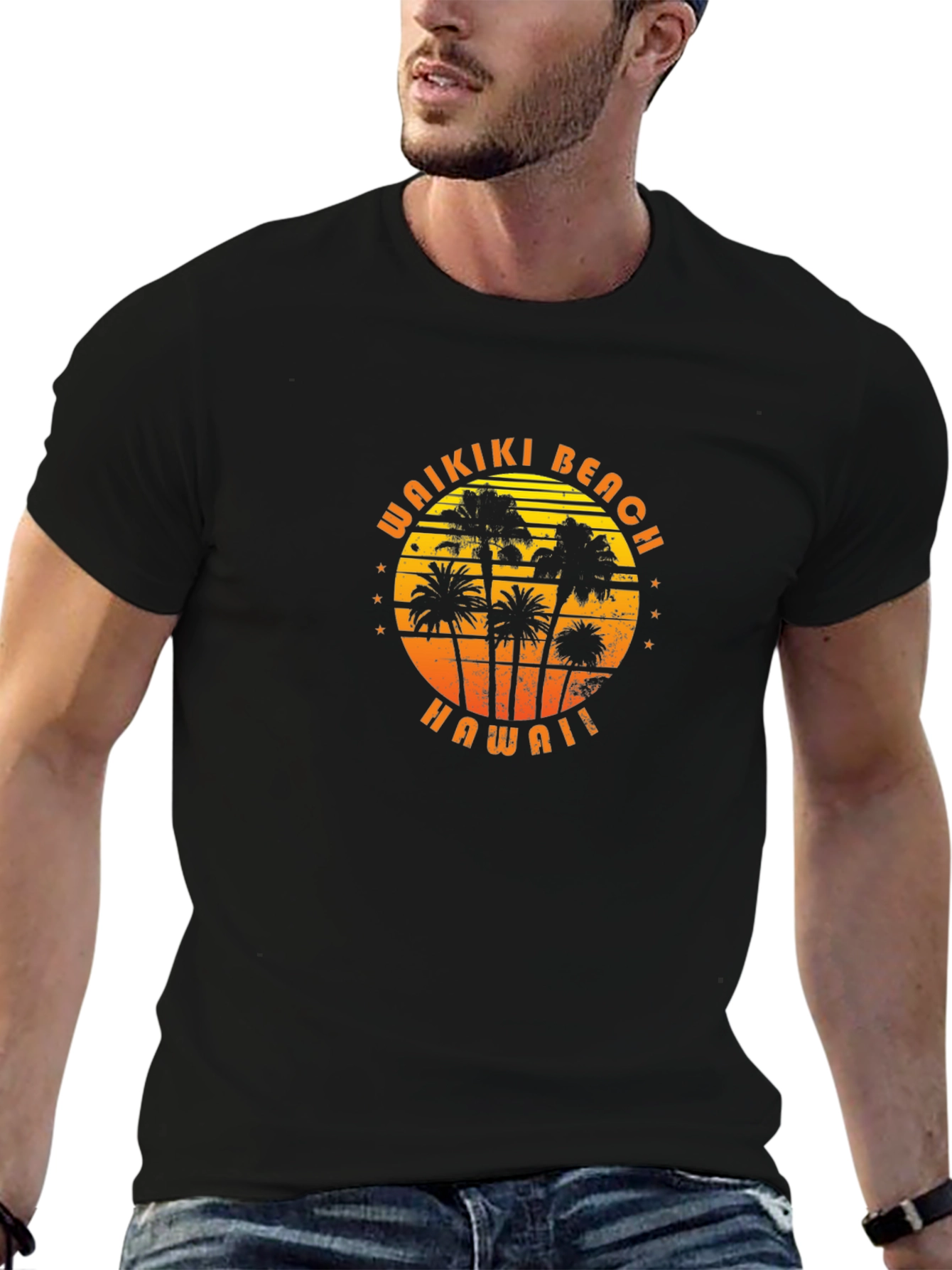 Waikiki Beach Hawaii Palm Tree Graphic T-Shirt