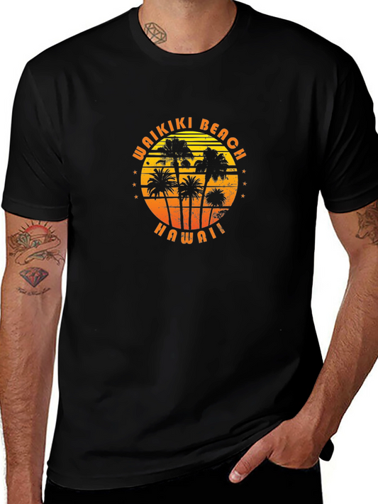 Waikiki Beach Hawaii Palm Tree Graphic T-Shirt