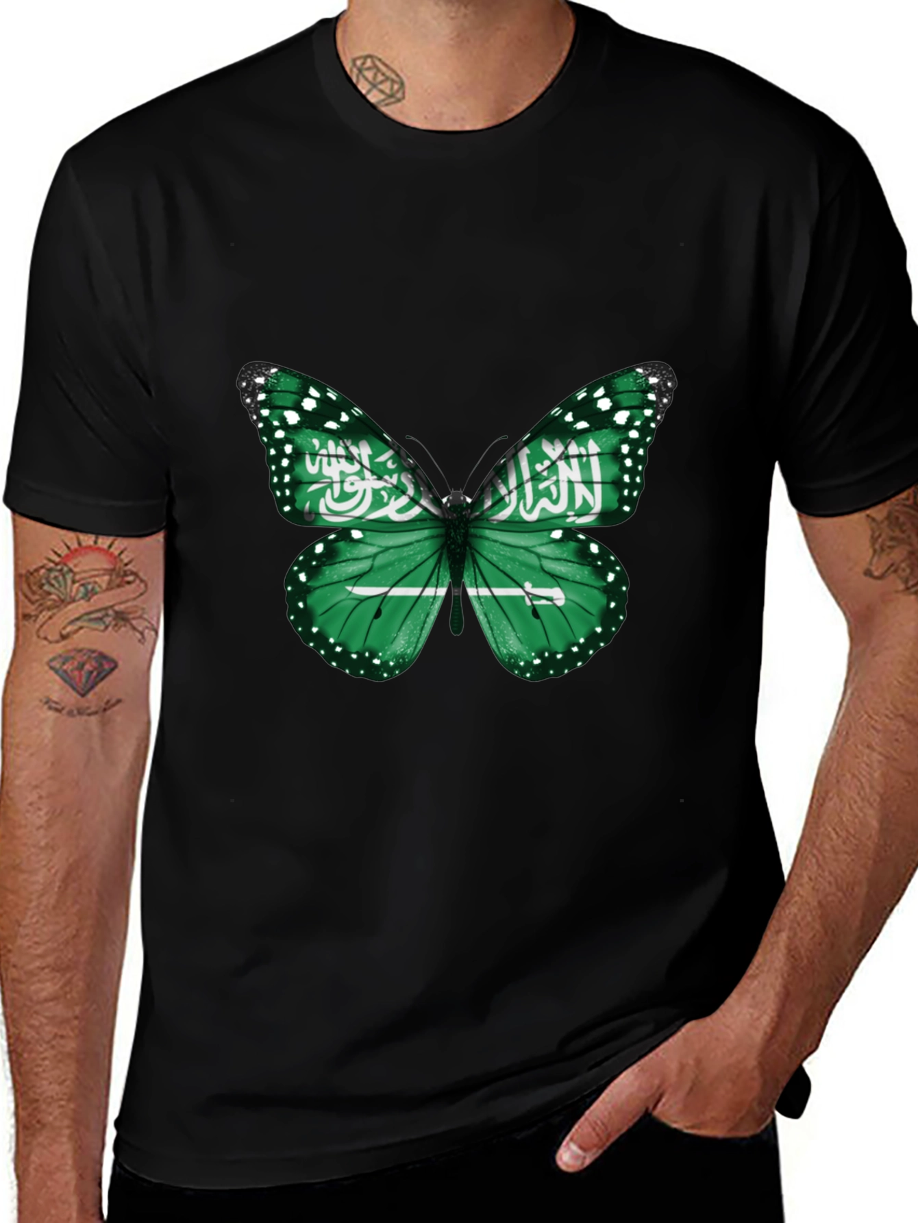 Saudi Arabia Flag Butterfly Black T-Shirt