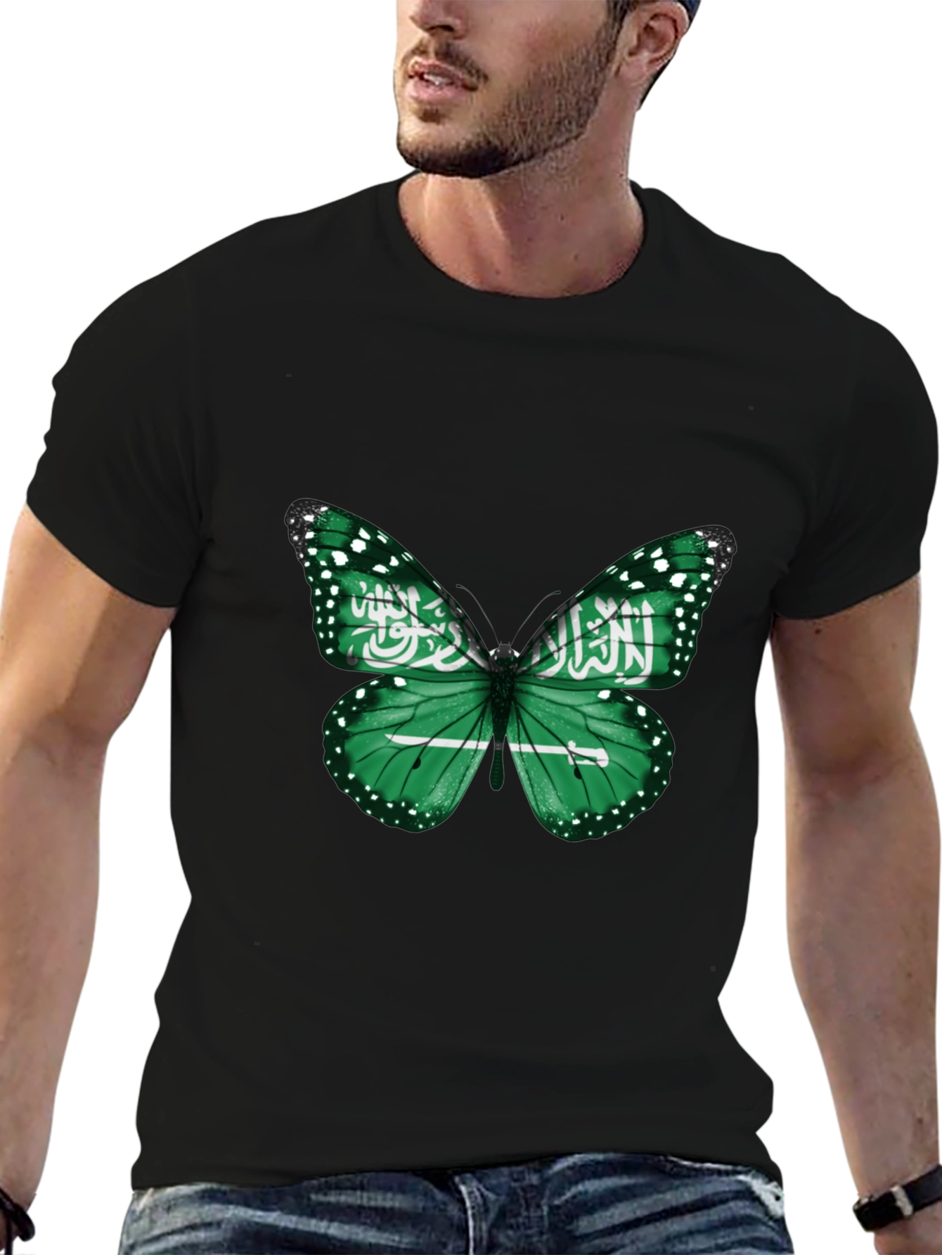 Saudi Arabia Flag Butterfly Black T-Shirt