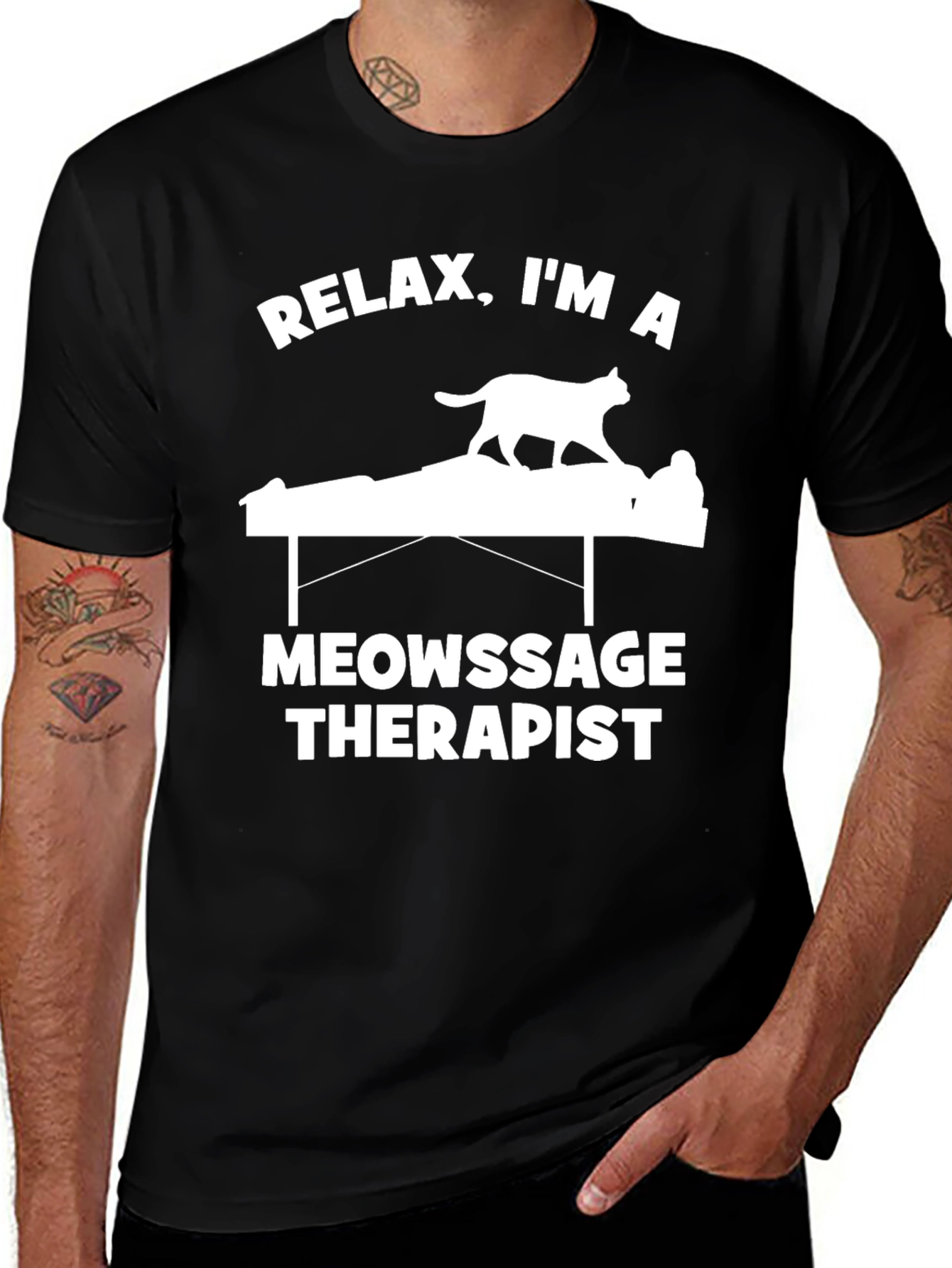 Relax Im a Meowssage Therapist Black T-Shirt