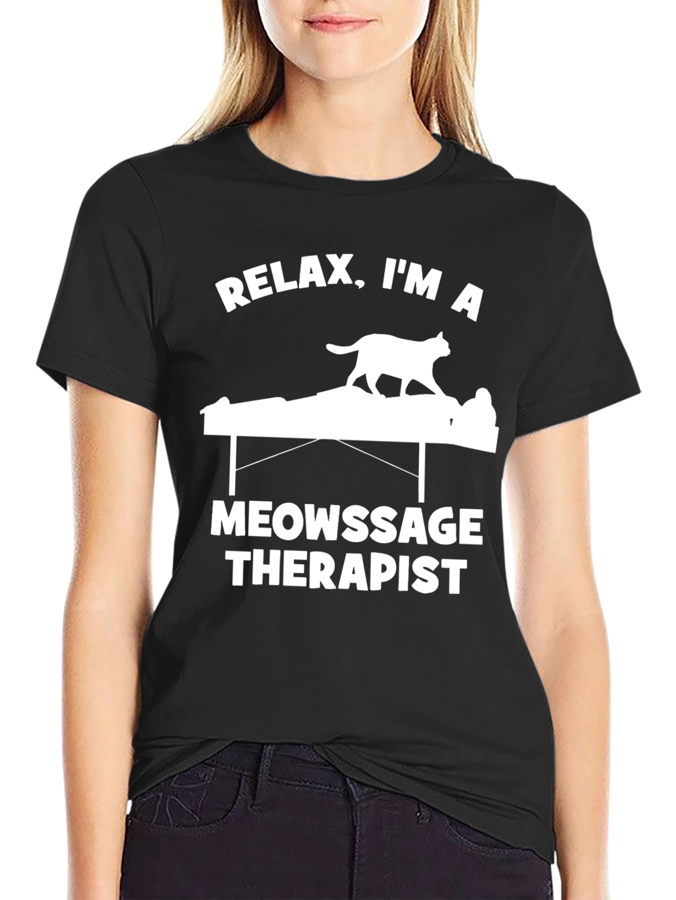 Relax Im a Meowssage Therapist Black T-Shirt