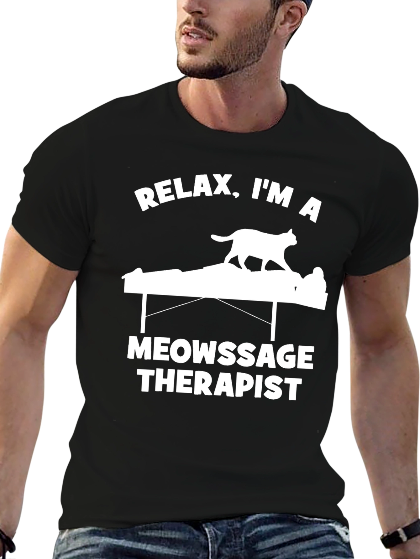 Relax Im a Meowssage Therapist Black T-Shirt