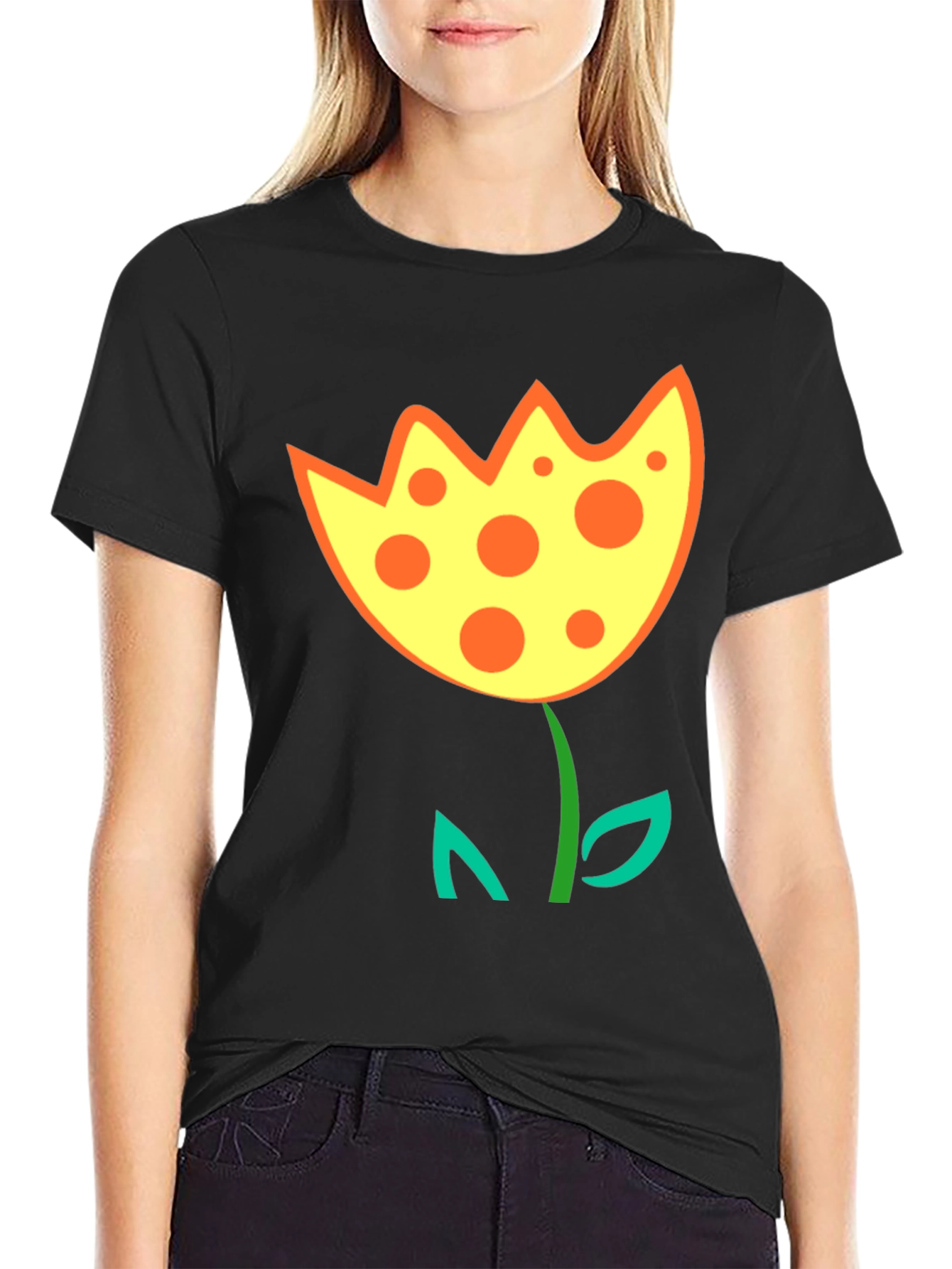 Funky Flower Graphic T-Shirt - Black Cotton Tee