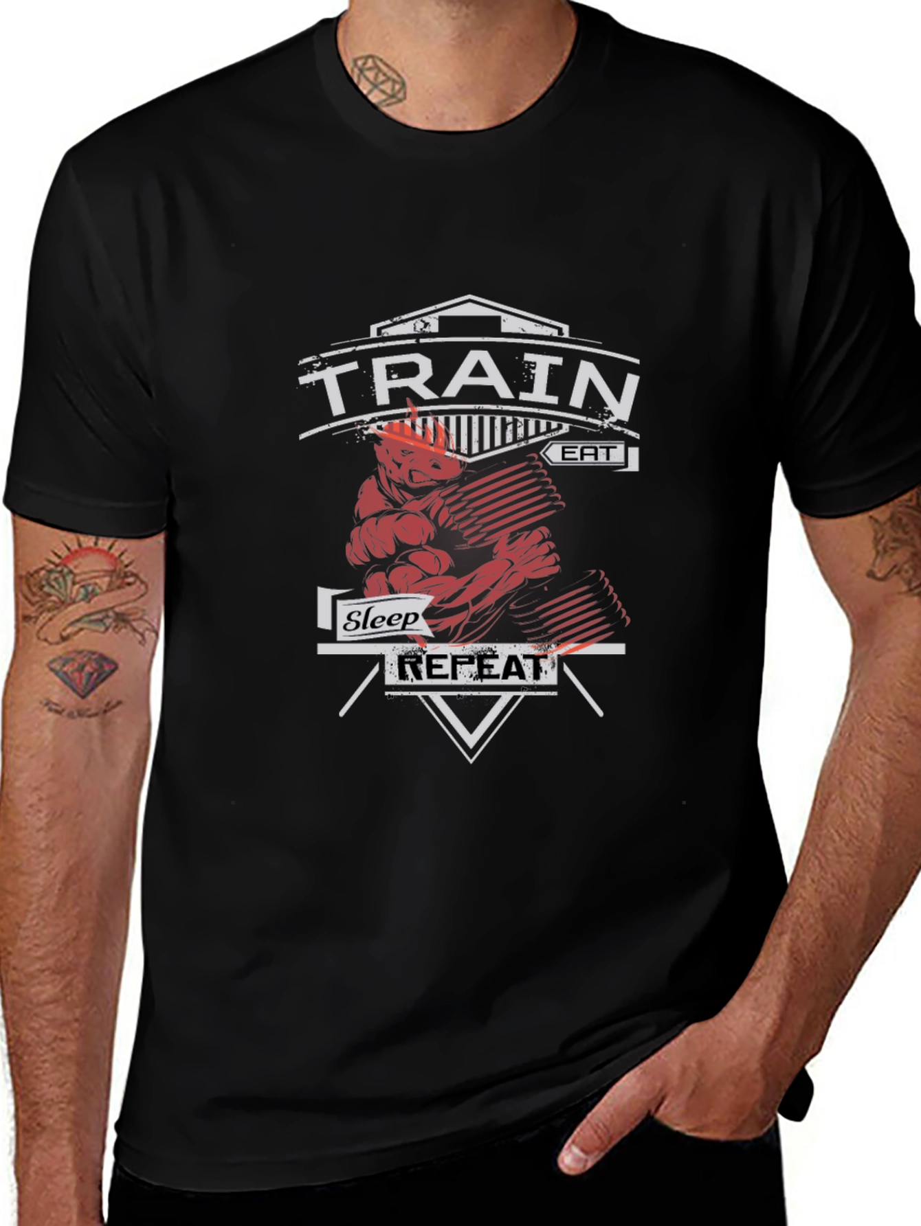 Train Eat Sleep Repeat Gym Workout Black T-Shirt