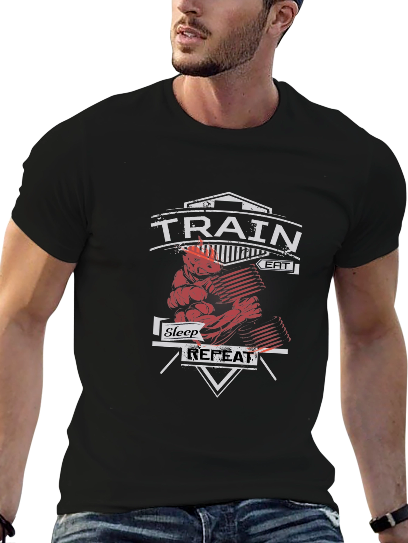 Train Eat Sleep Repeat Gym Workout Black T-Shirt