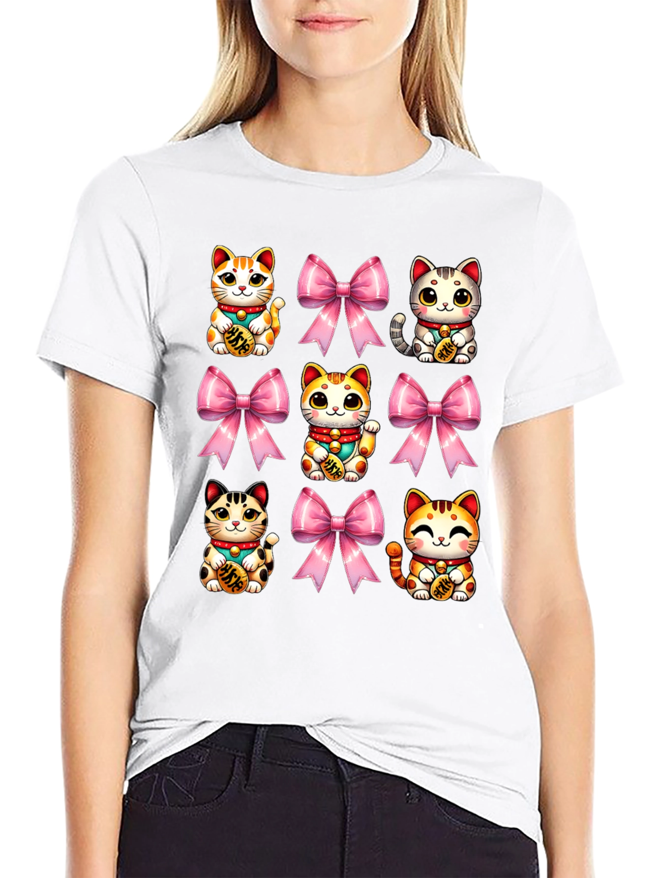 Lucky Cat & Bow T-Shirt - Kawaii Style