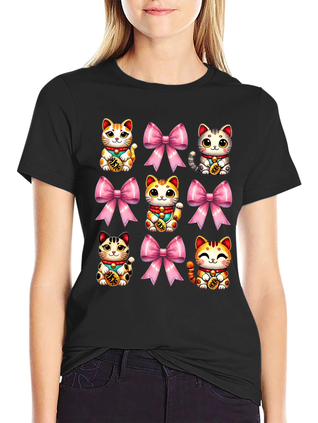 Lucky Cat & Bow T-Shirt - Kawaii Style