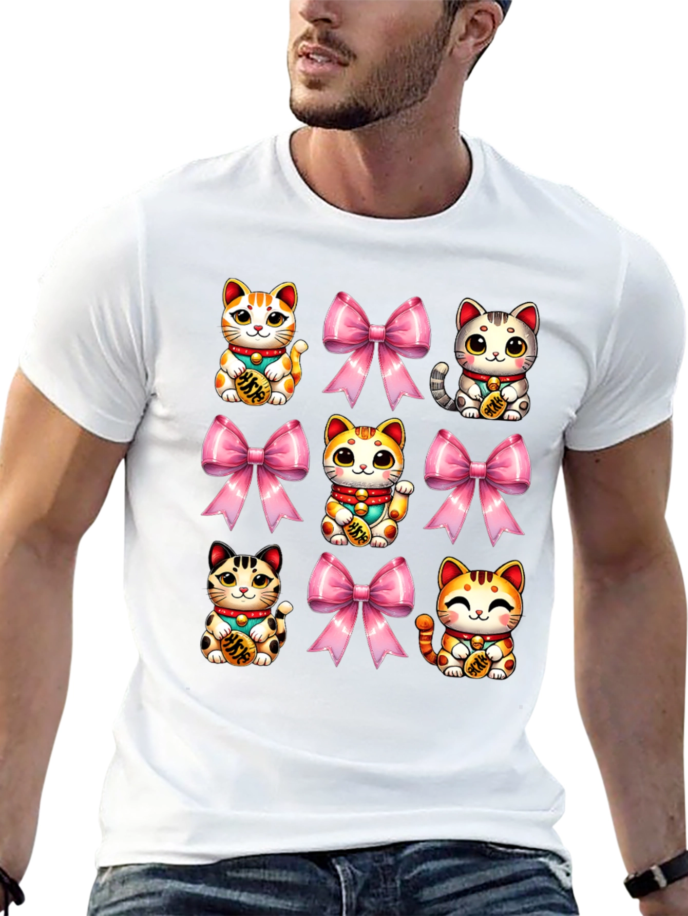Lucky Cat & Bow T-Shirt - Kawaii Style