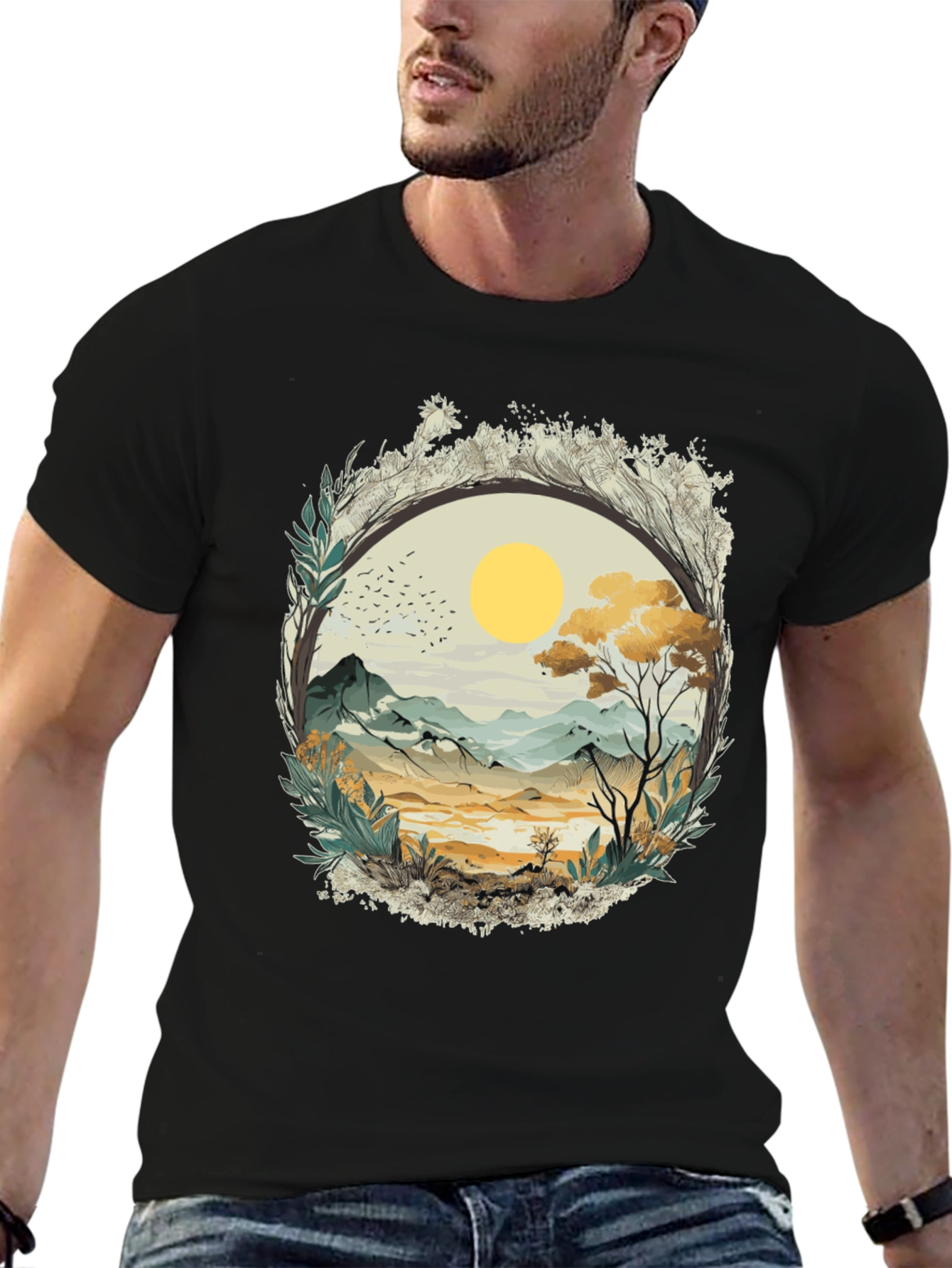 Nature Scene Graphic Tee - Black Cotton Comfort