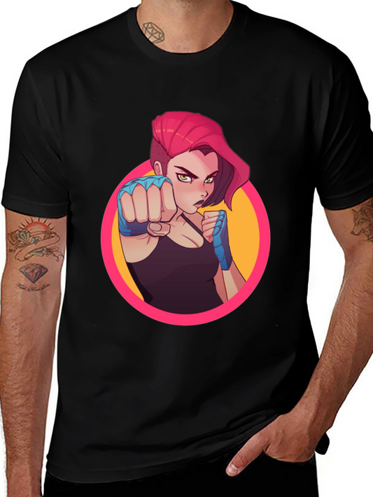 Fighter Girl Graphic Print Black T-Shirt