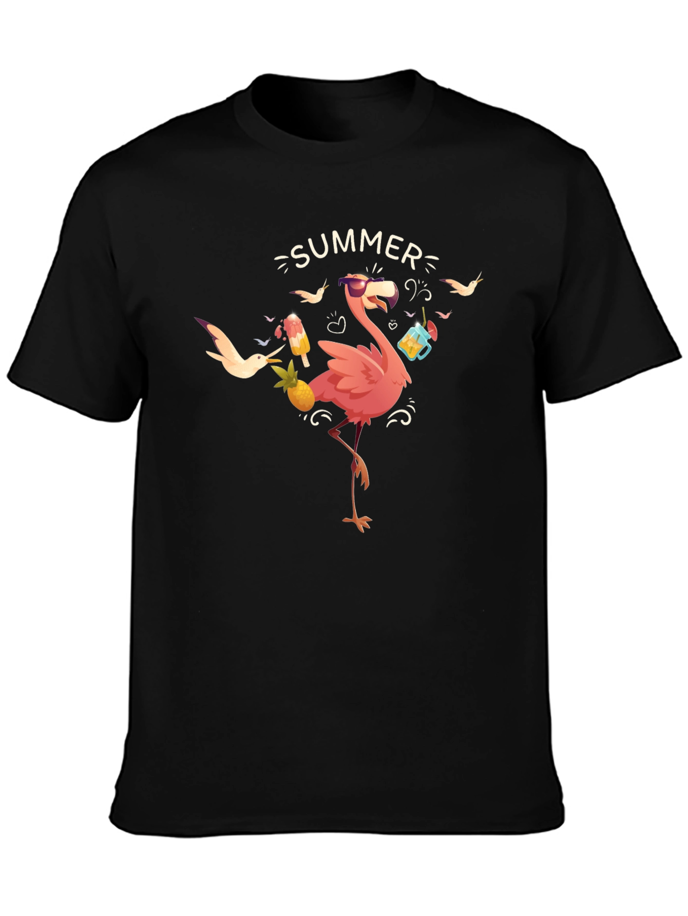 Summer Flamingo Graphic Tee - Black Casual T-Shirt