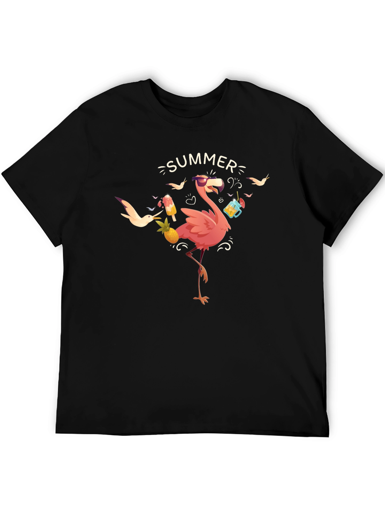 Summer Flamingo Graphic Tee - Black Casual T-Shirt