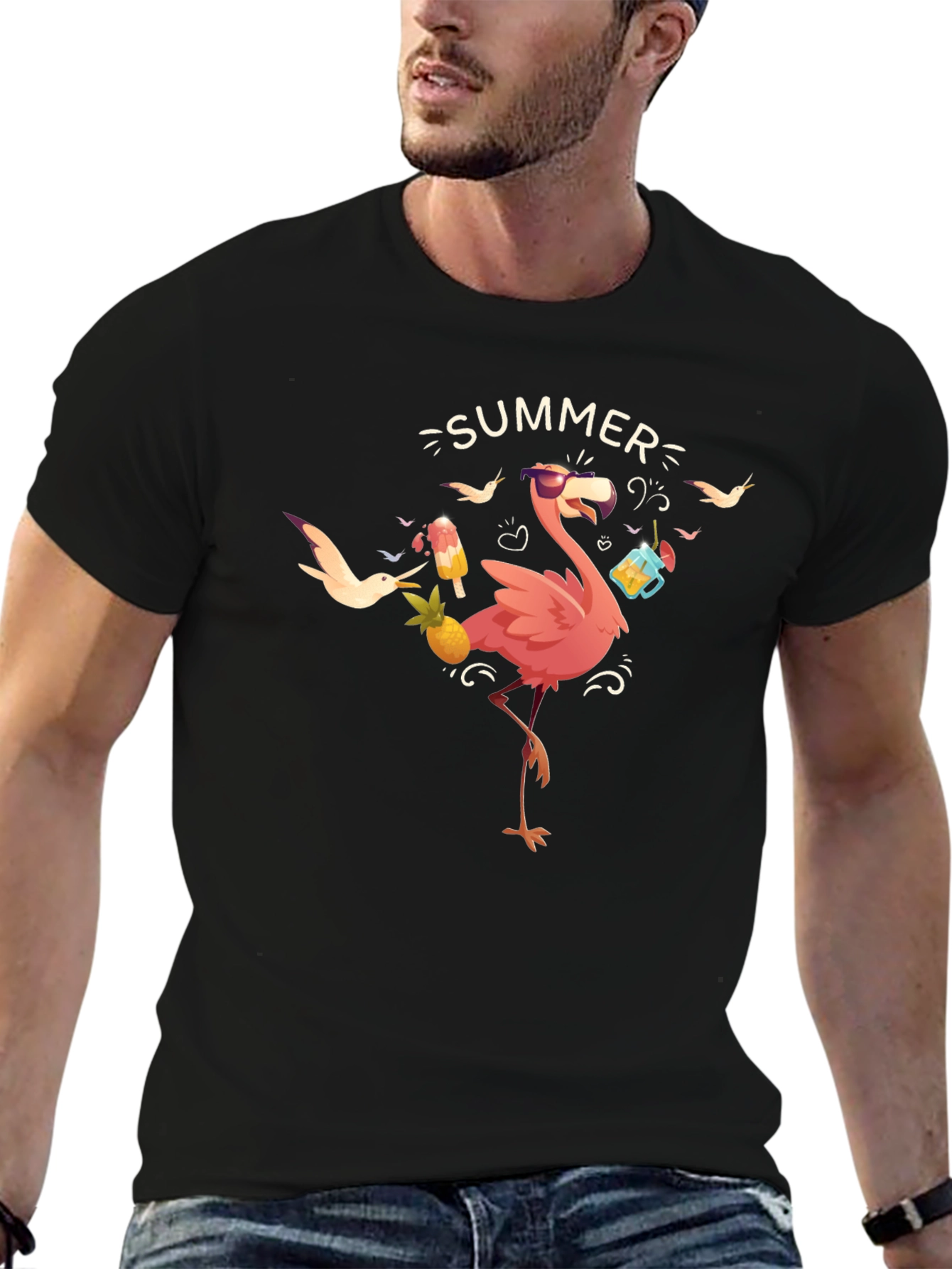Summer Flamingo Graphic Tee - Black Casual T-Shirt