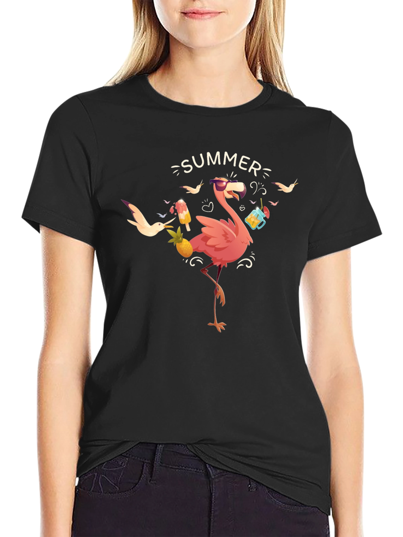 Summer Flamingo Graphic Tee - Black Casual T-Shirt