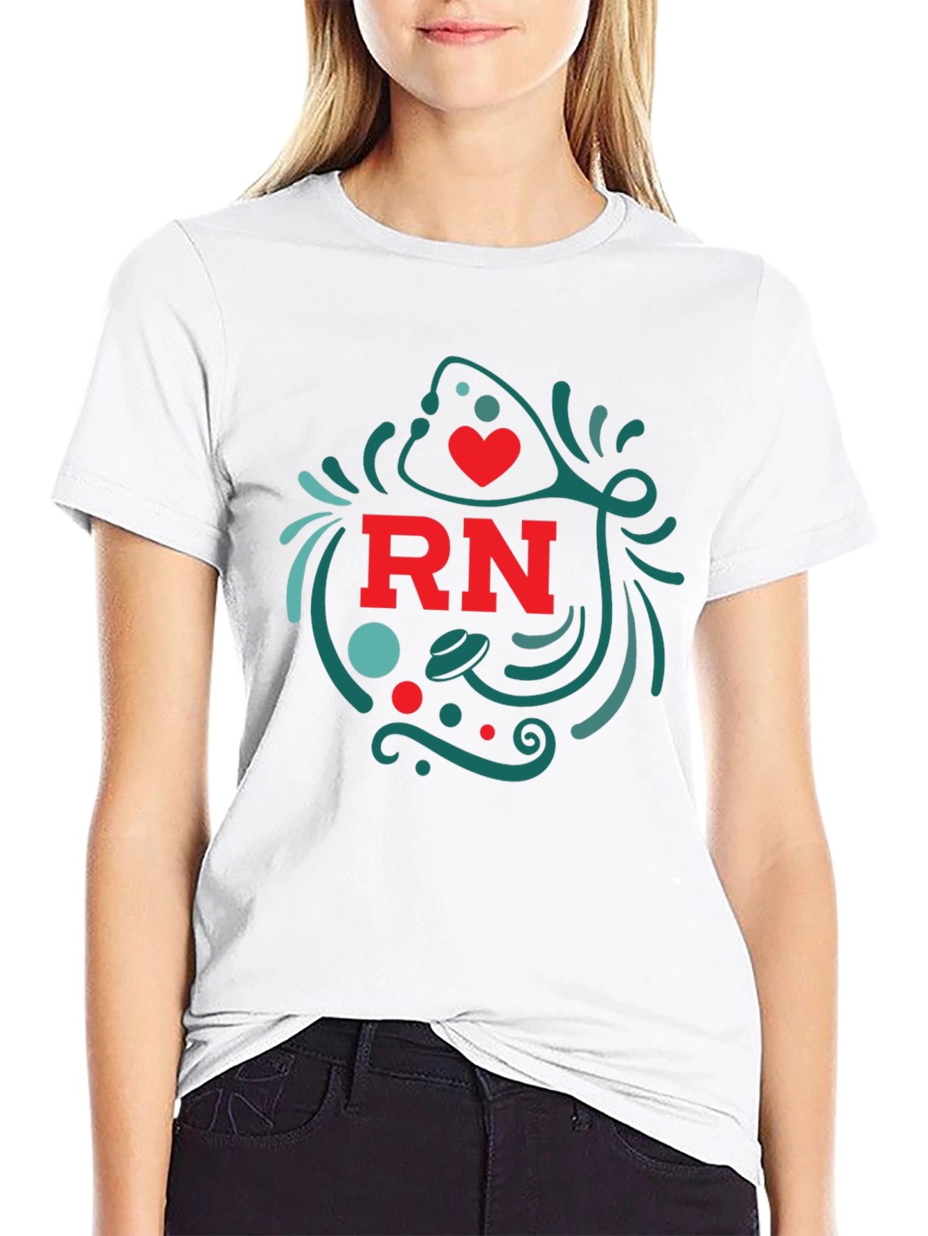 RN Nurse T-Shirt with Heart and Stethoscope Design