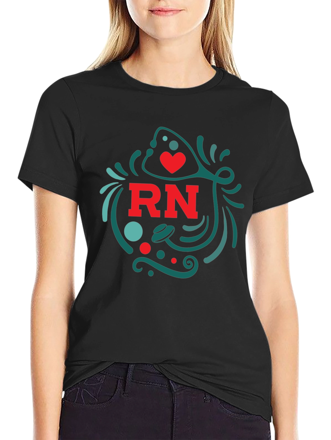 RN Nurse T-Shirt with Heart and Stethoscope Design