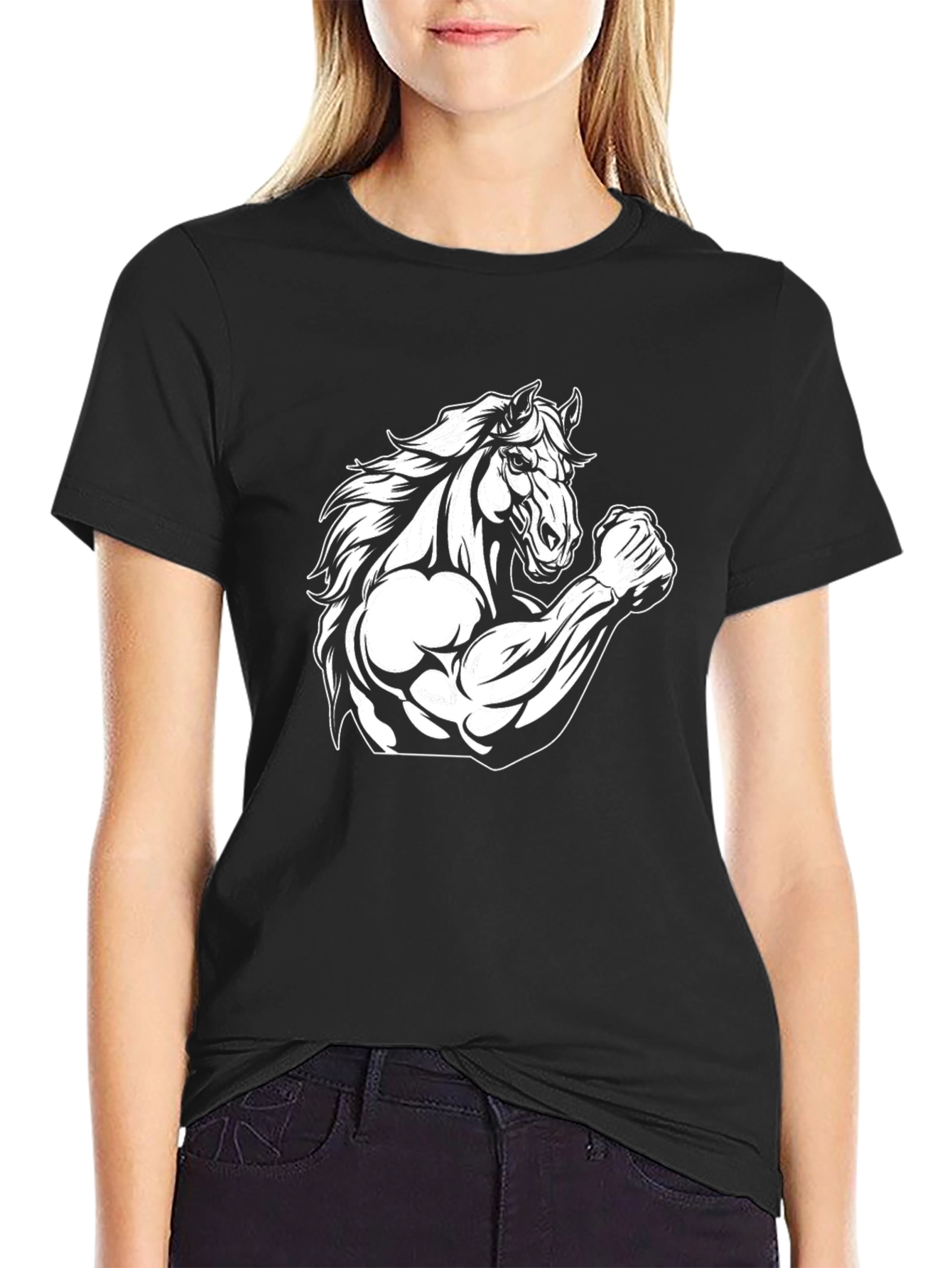 Horse Flex Muscle Mens Black Graphic T-Shirt