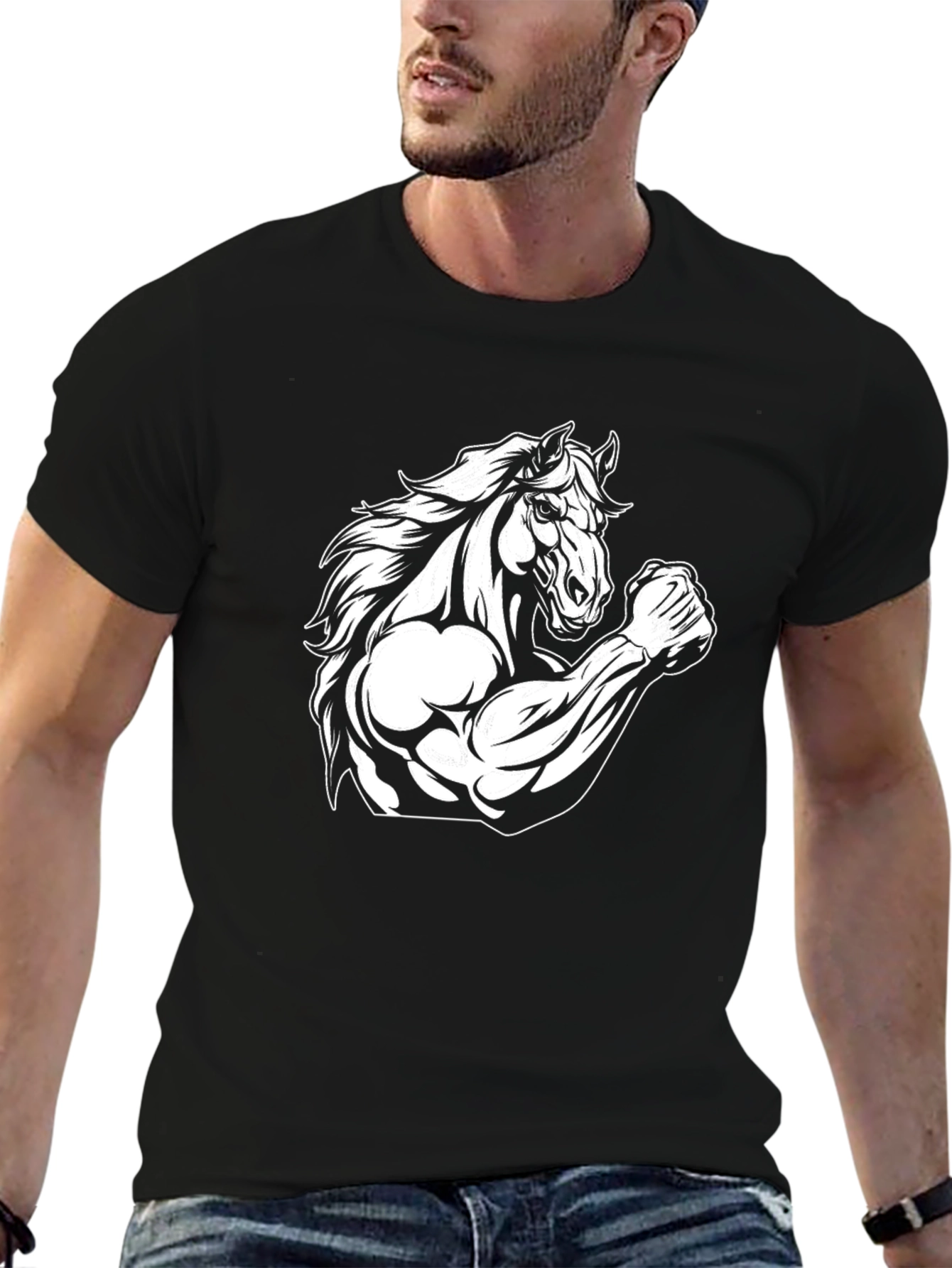 Horse Flex Muscle Mens Black Graphic T-Shirt