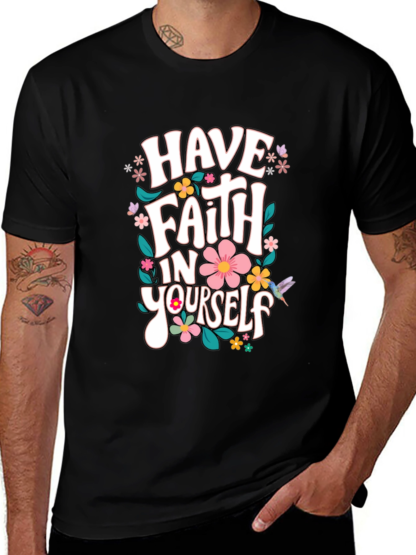 Faith In Yourself T-Shirt Floral Design Black
