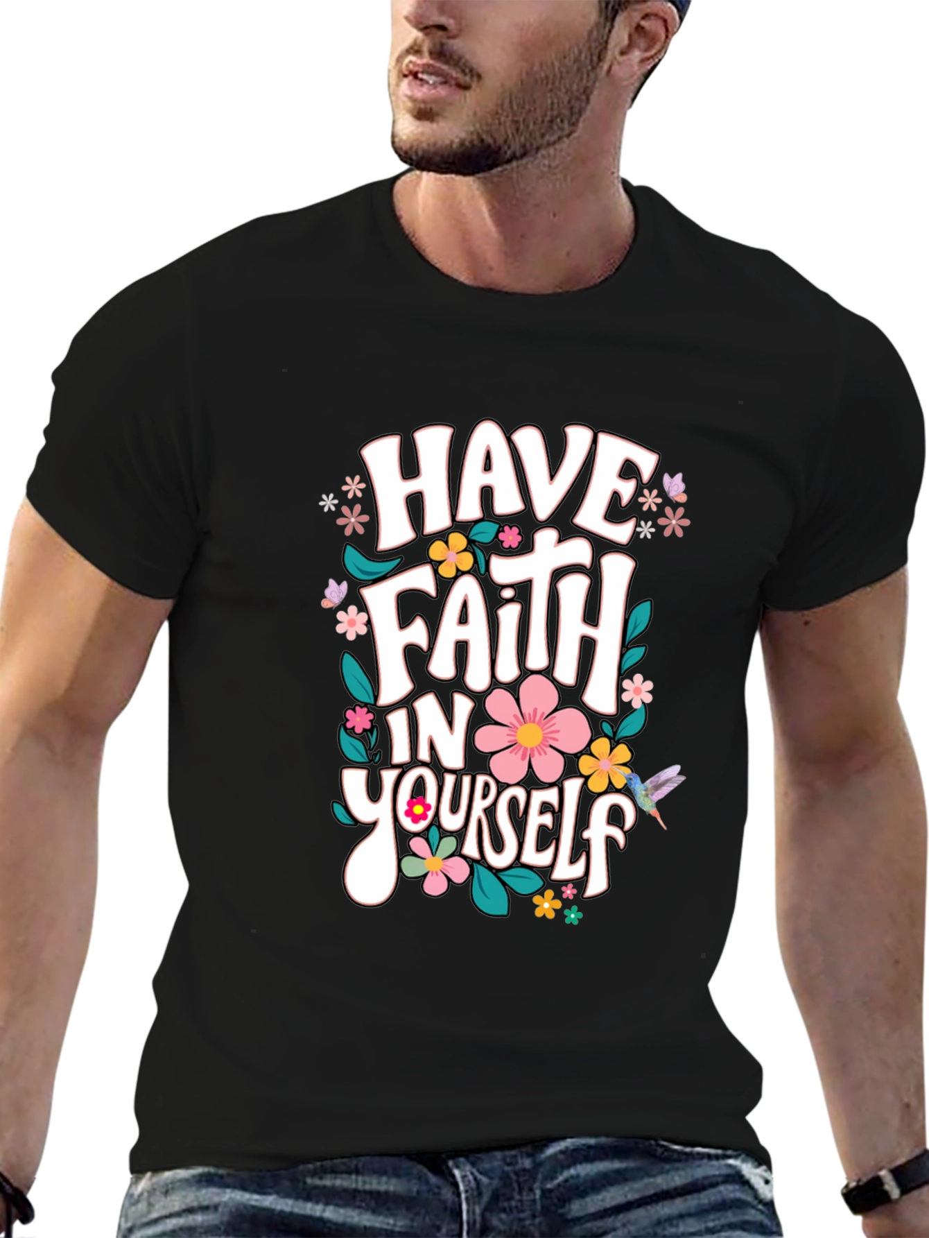 Faith In Yourself T-Shirt Floral Design Black