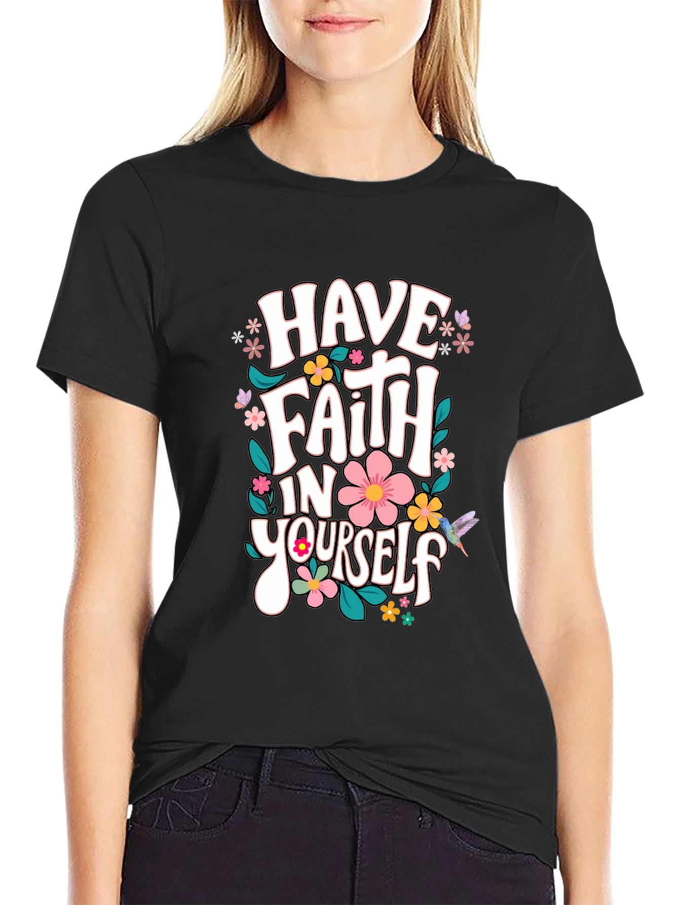 Faith In Yourself T-Shirt Floral Design Black