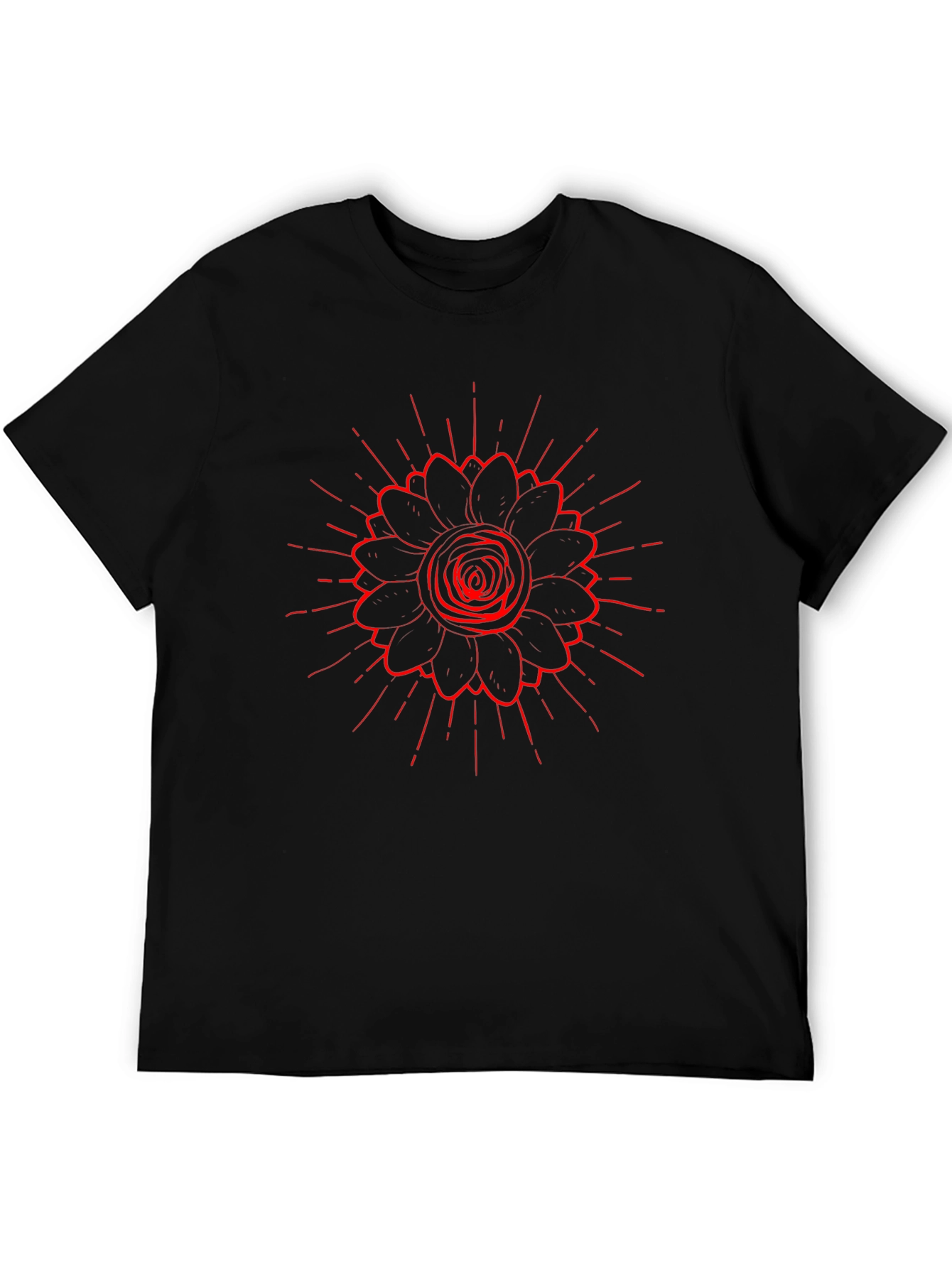 Black Tee with Red Floral Burst Design