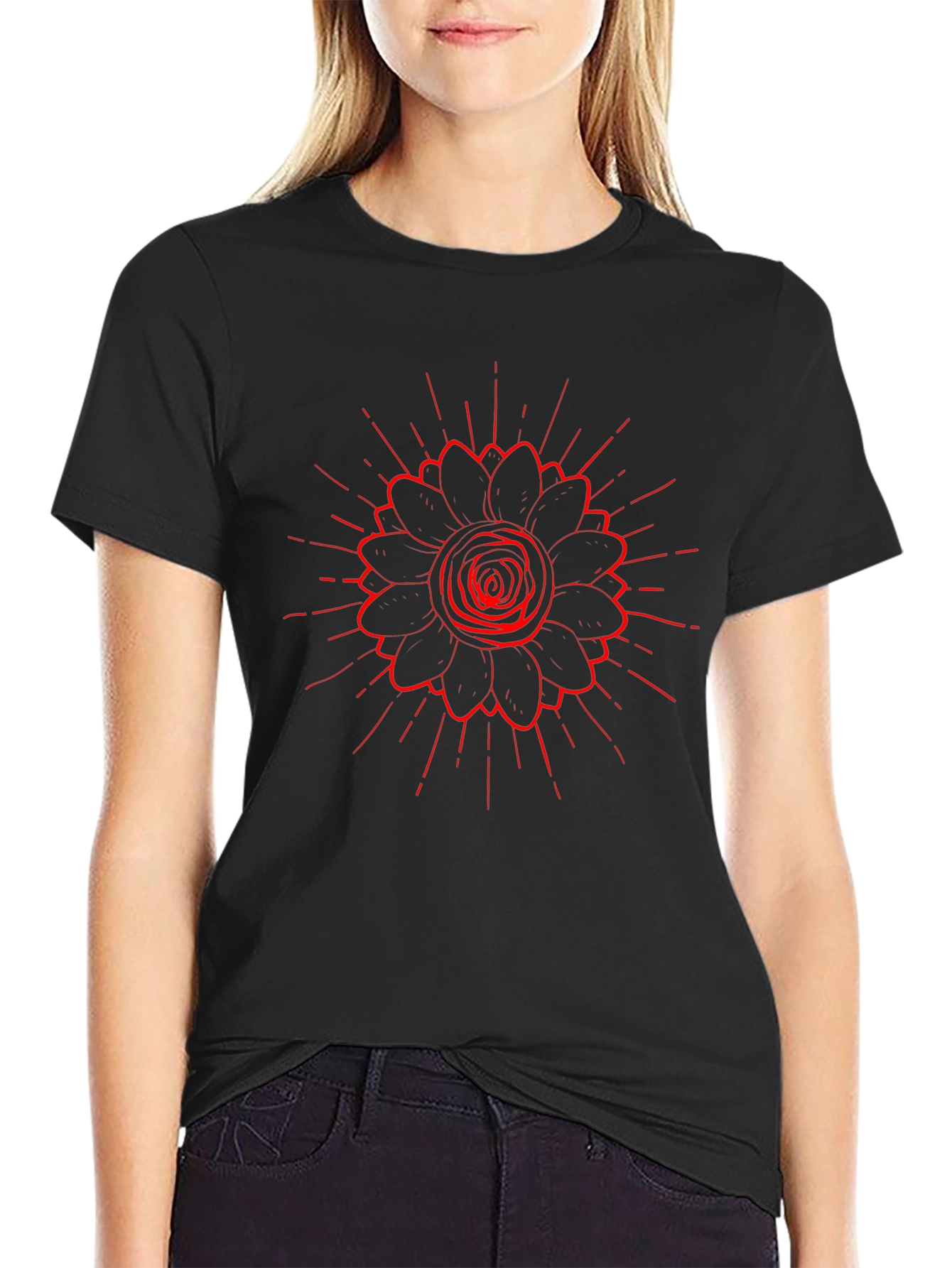 Black Tee with Red Floral Burst Design