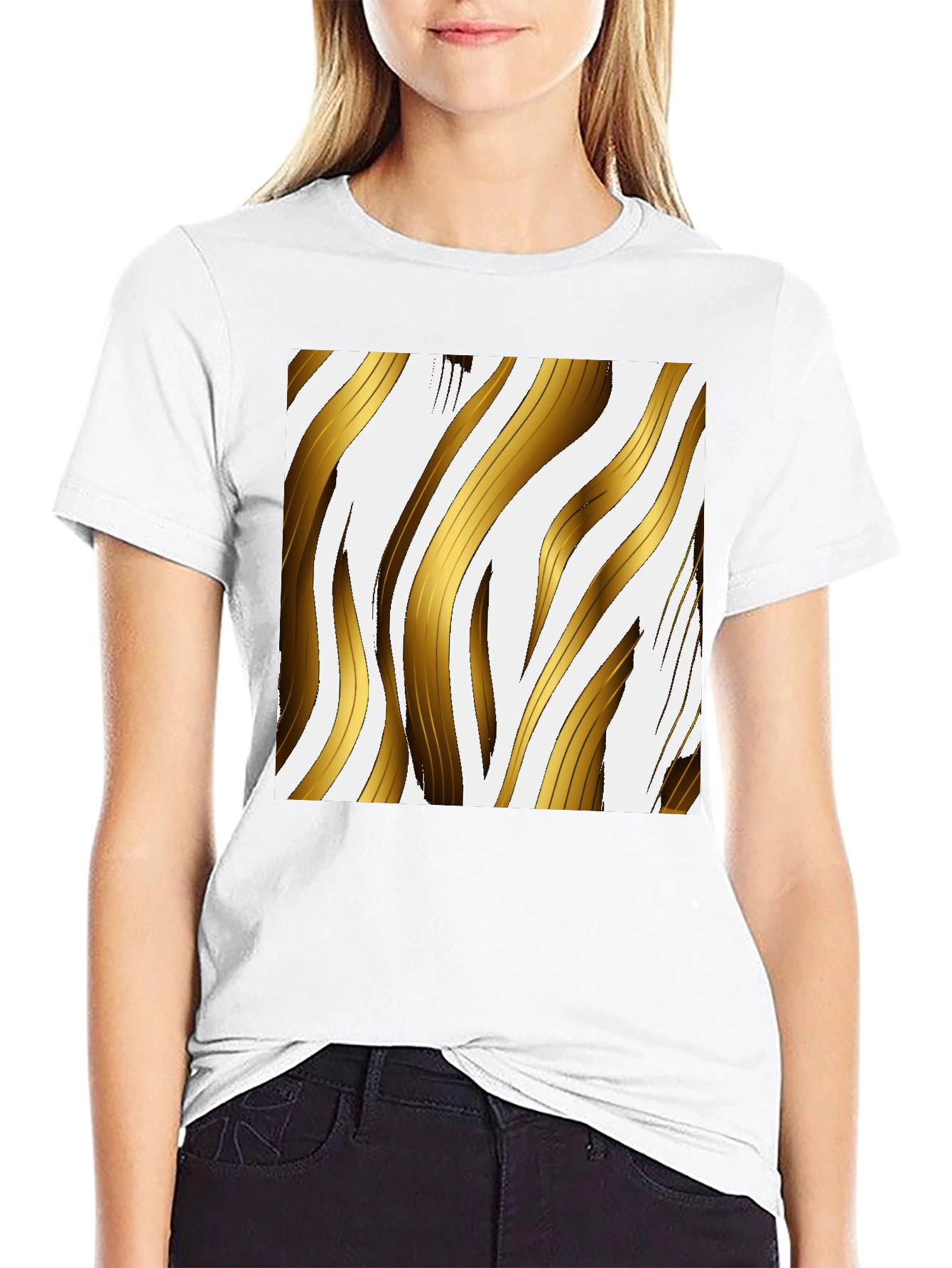 Gold Stripe Print Black T-Shirt