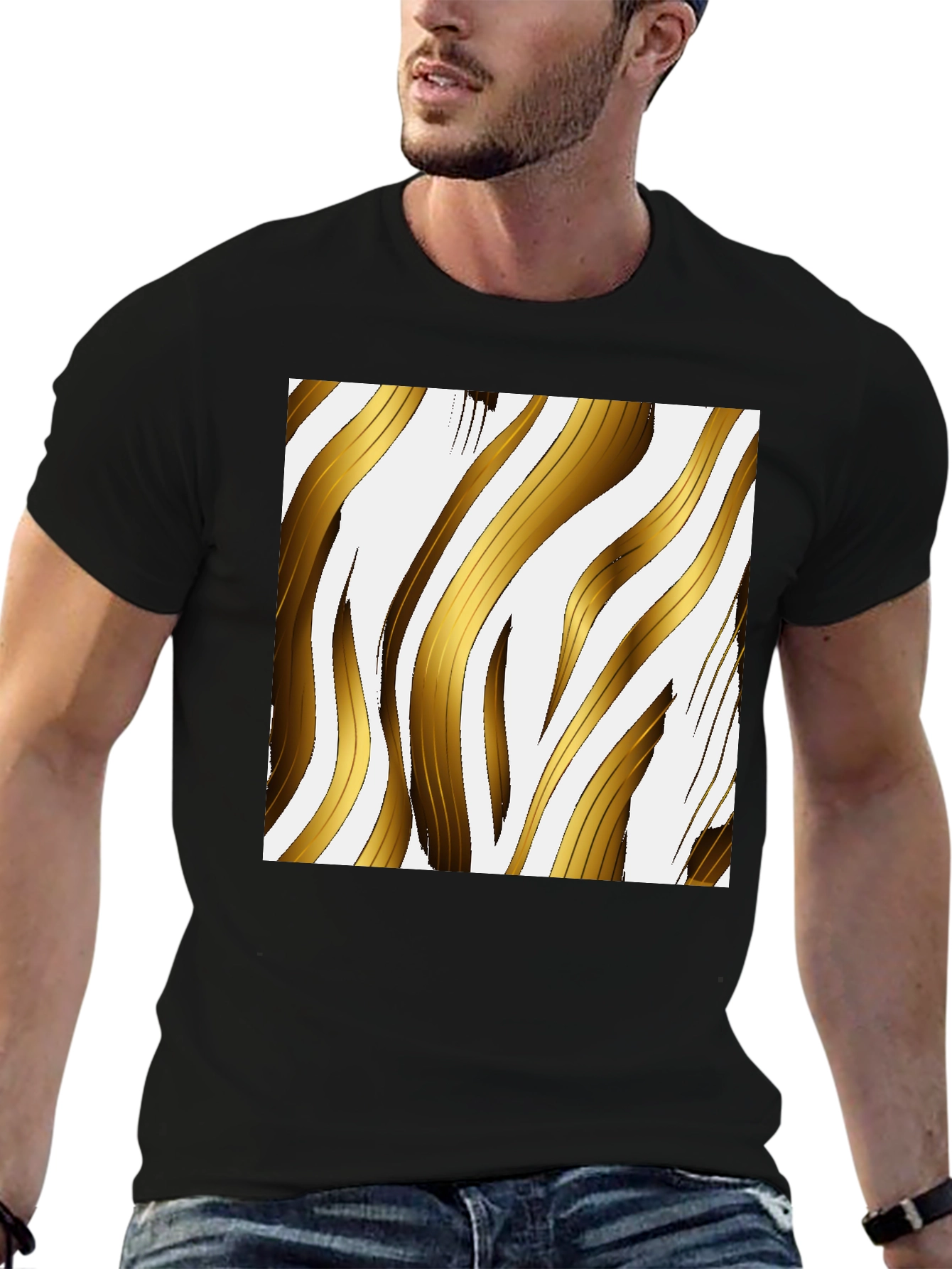 Gold Stripe Print Black T-Shirt