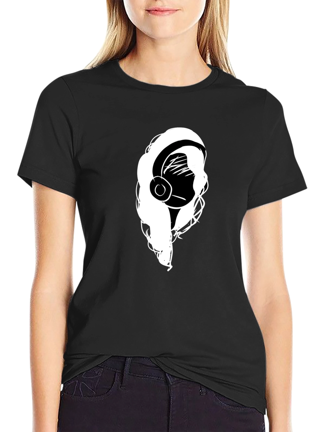 Headphone Girl Black T-Shirt - Music Lover Tee
