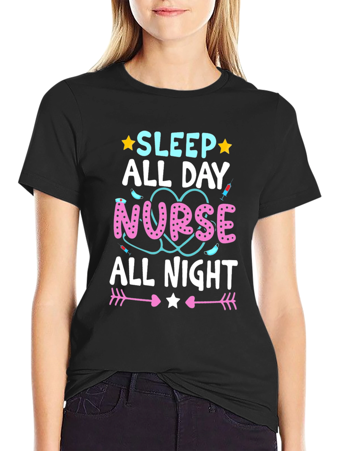 Nurse Sleep All Day All Night Black T-Shirt