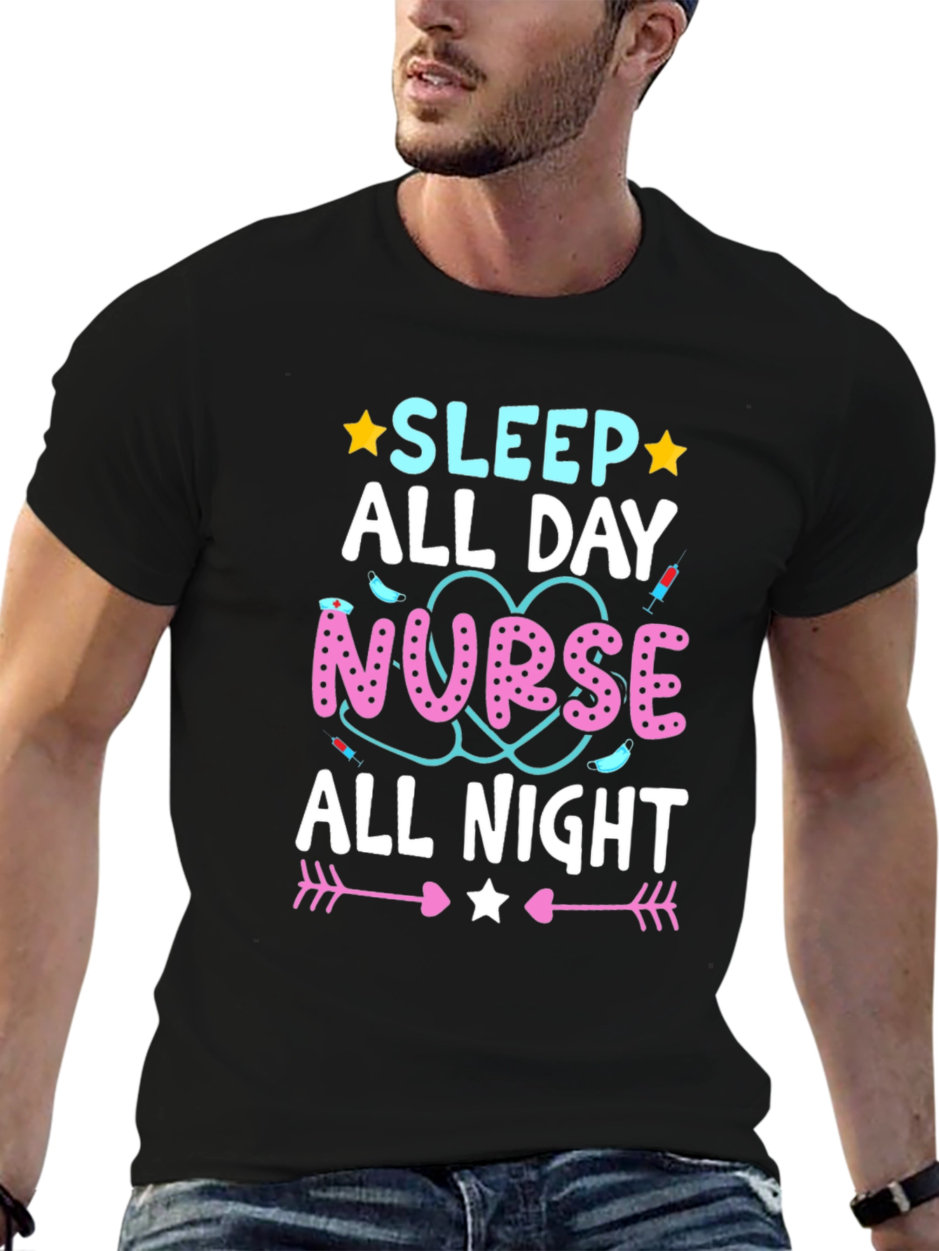 Nurse Sleep All Day All Night Black T-Shirt