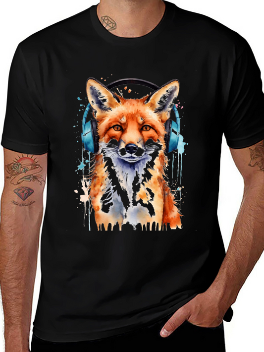 Fox with Headphones Black T-Shirt - Watercolor Design