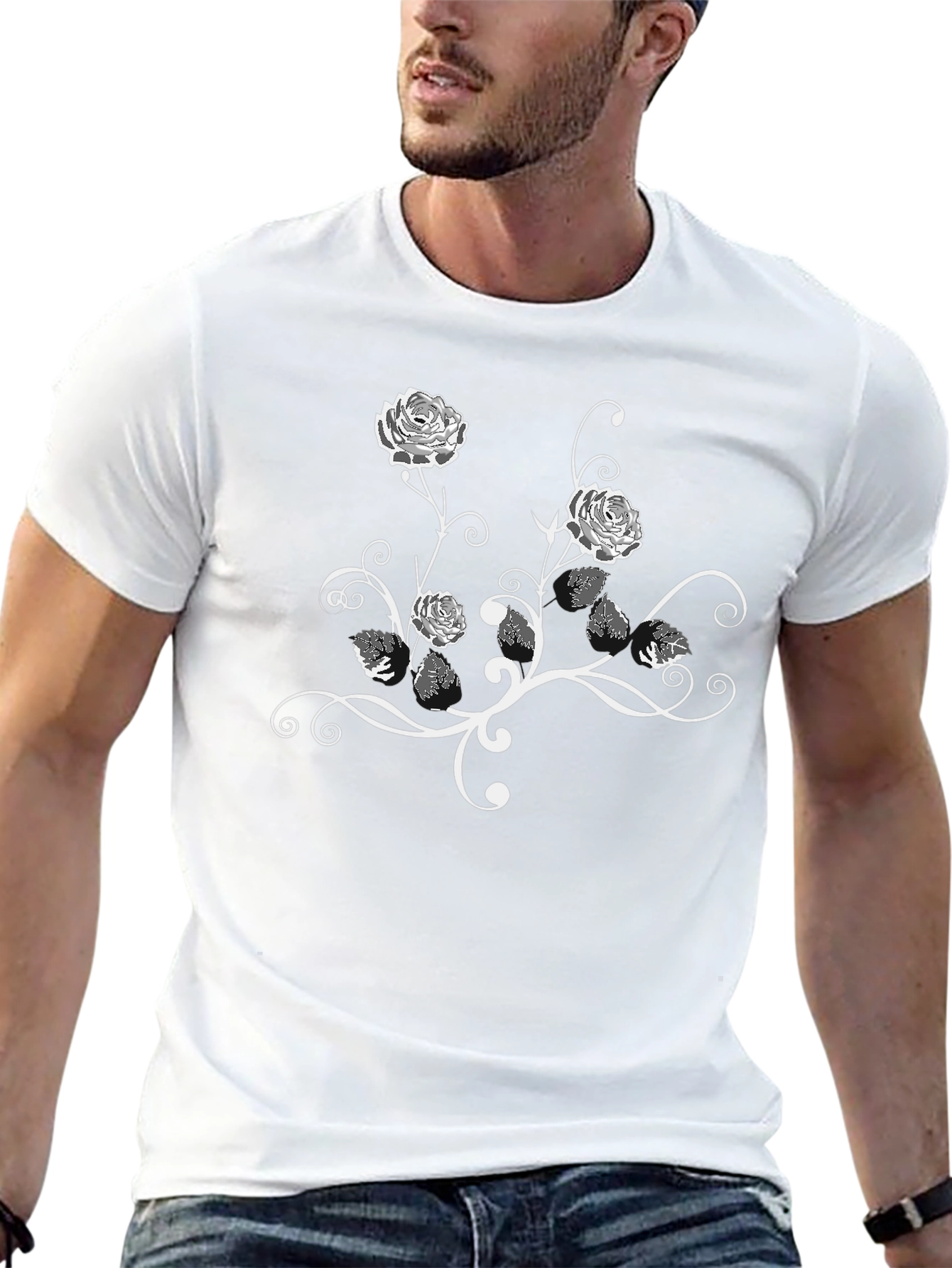 Floral Rose Vine Graphic Black T-Shirt