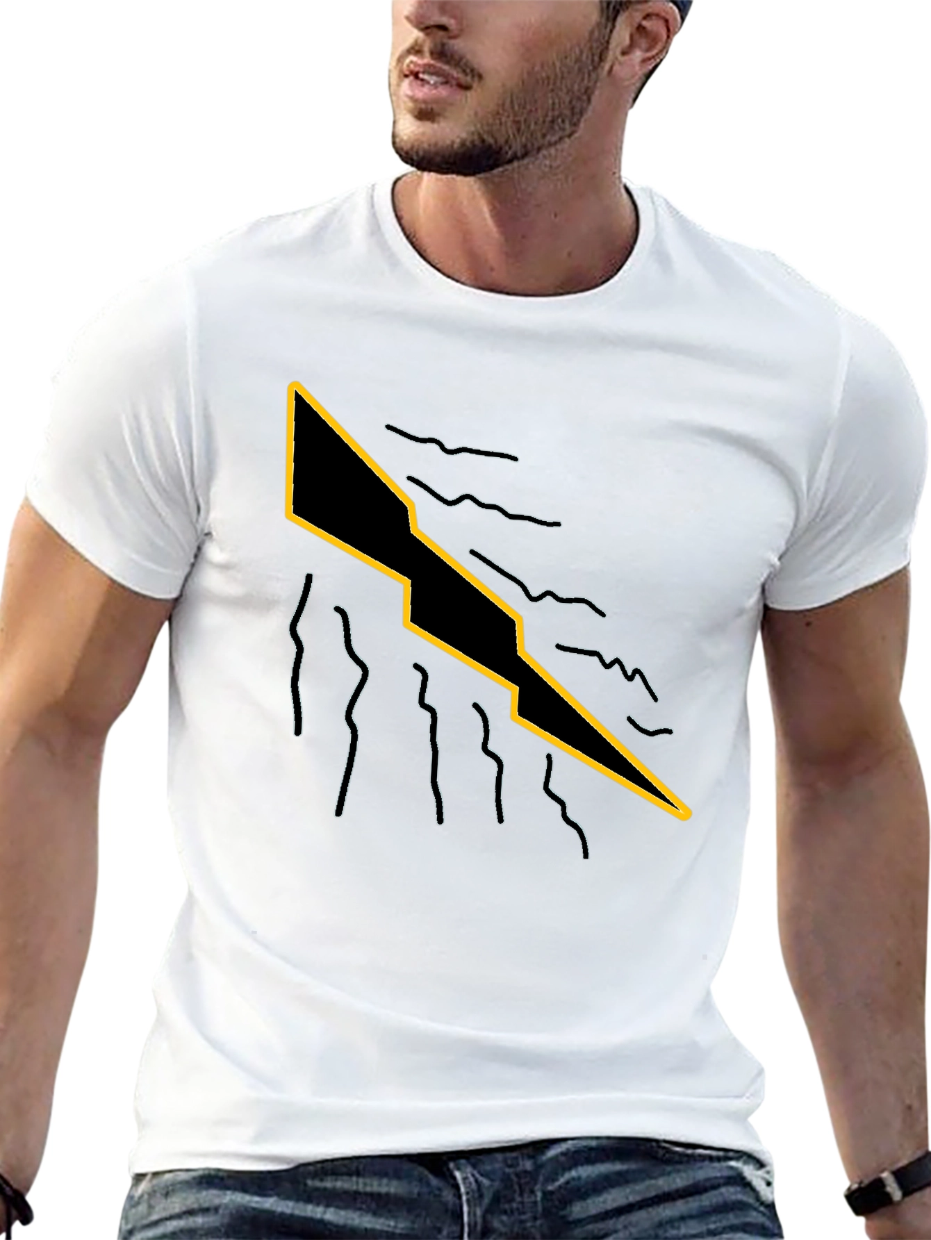 Mens Black T-Shirt with Graphic Lightning Bolt Design