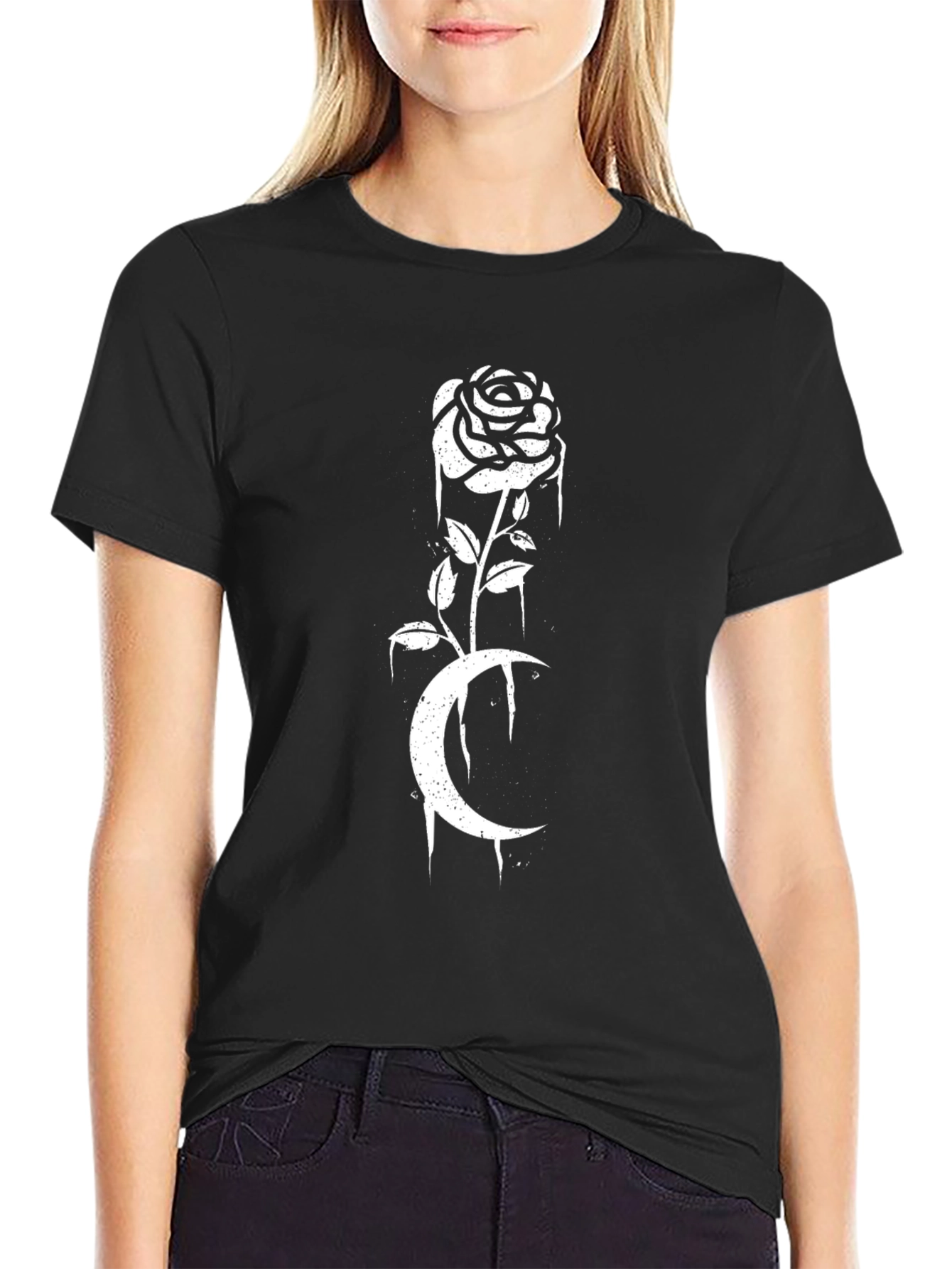 Gothic Rose Moon T-Shirt - Black Graphic Tee