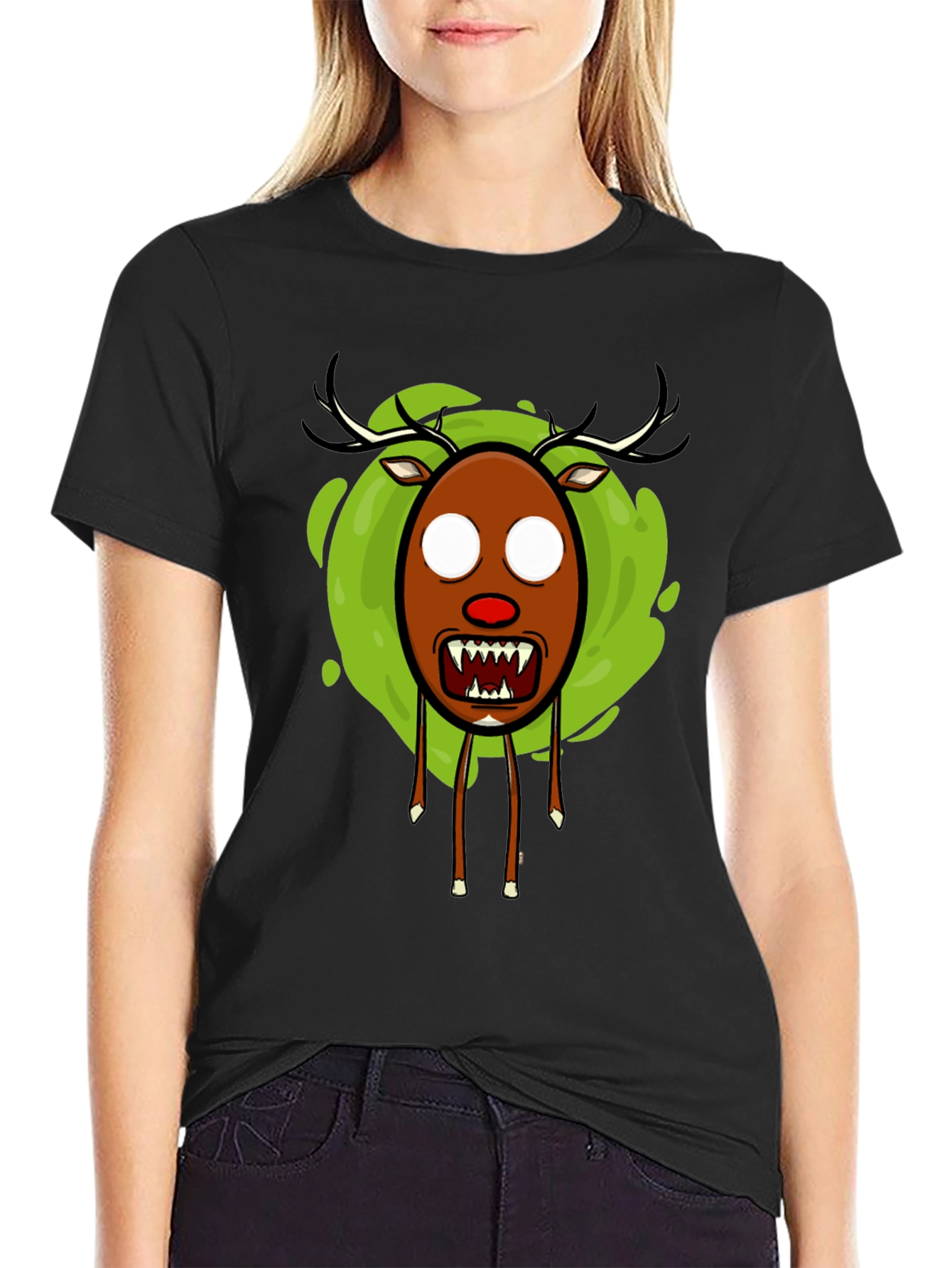 Mens Black Scary Reindeer Graphic Tee
