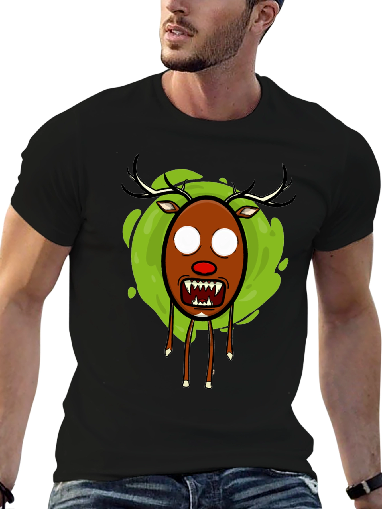 Mens Black Scary Reindeer Graphic Tee