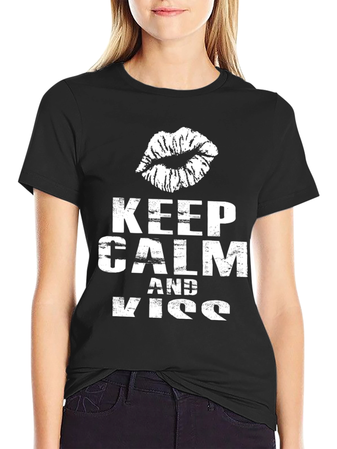 Keep Calm & Kiss Black Graphic Tee