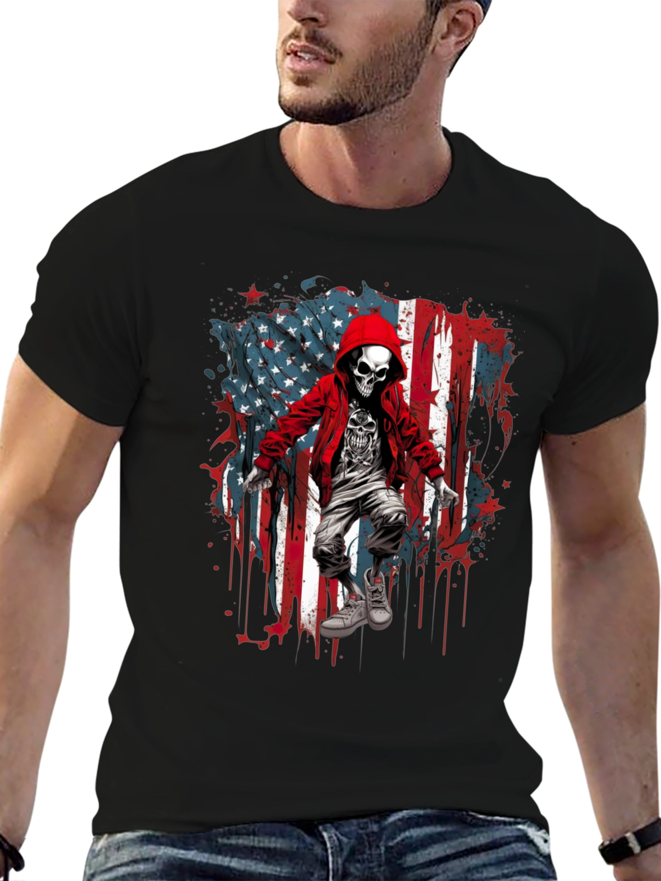 Skull USA Flag Graphic T-Shirt