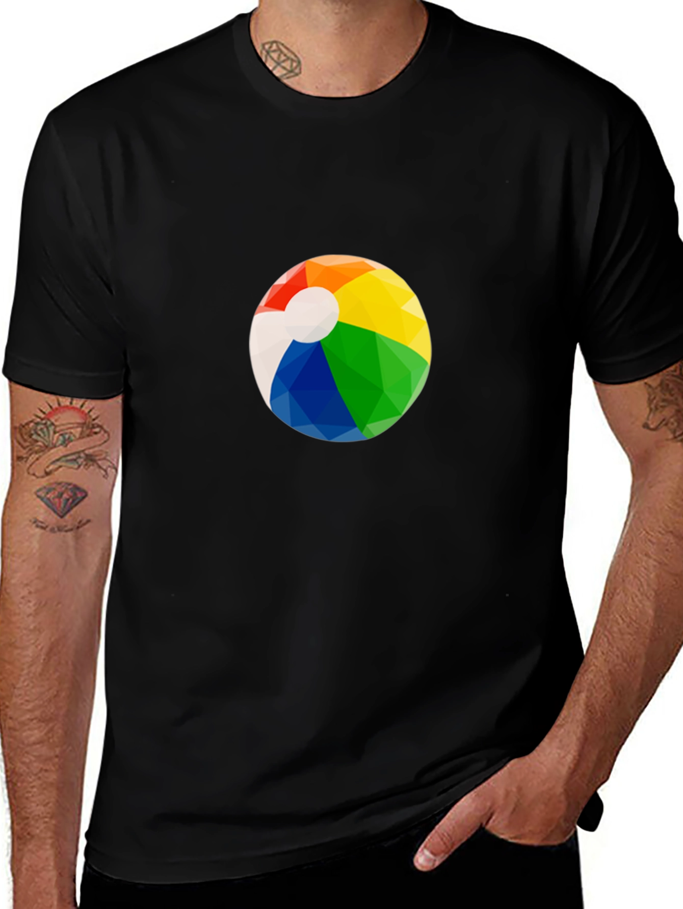 Mens Black Graphic T-Shirt with Beach Ball Design