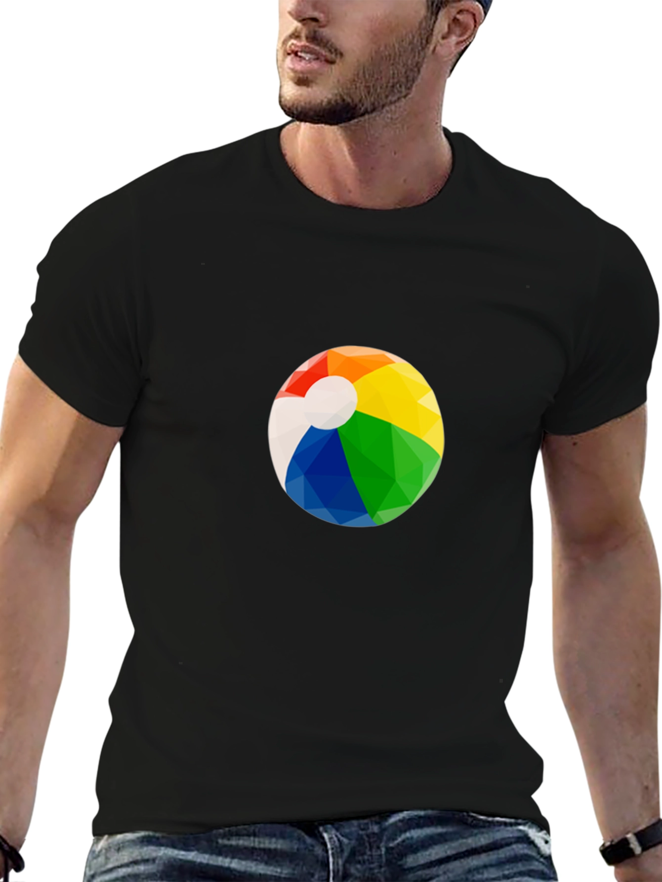 Mens Black Graphic T-Shirt with Beach Ball Design