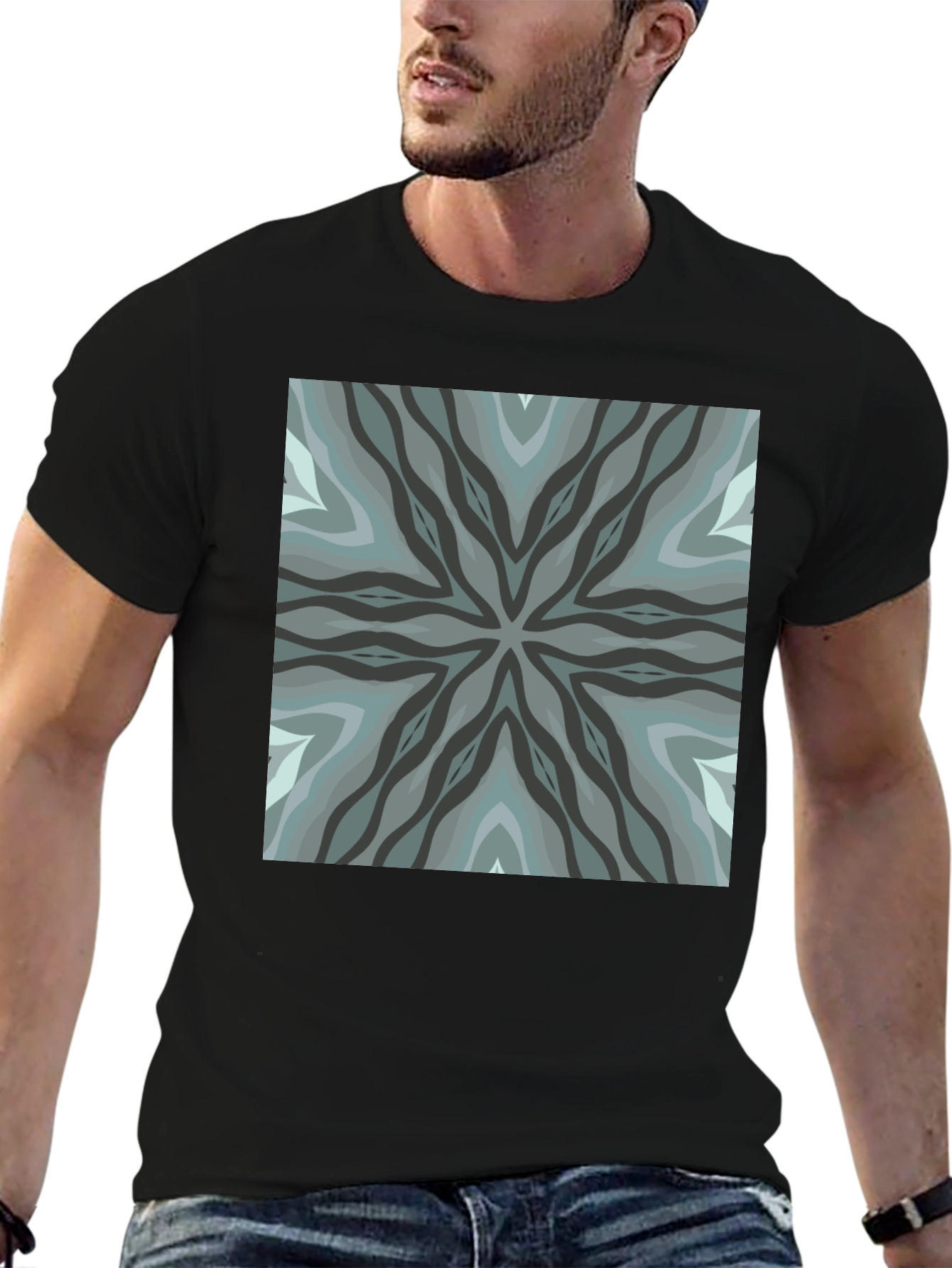 Geometric Pattern Black Crew Neck Tee